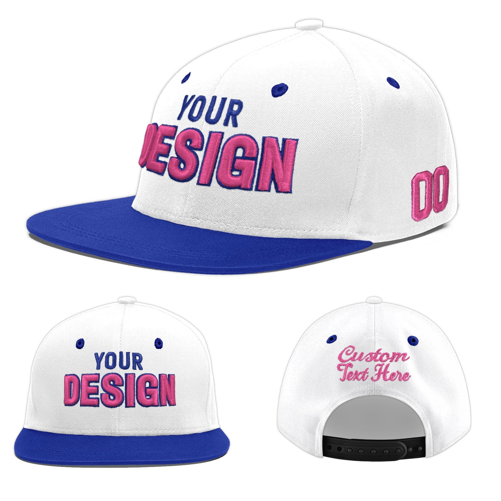 Custom White Royal Blue 3D Puff Embroidery Flat Embroidery Casual Sport Baseball Cap