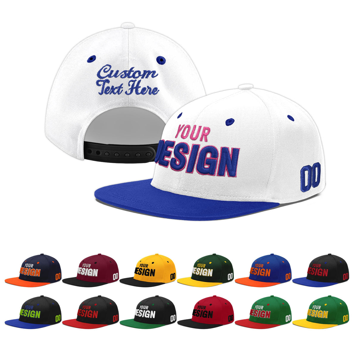Custom White Royal Blue 3D Puff Embroidery Flat Embroidery Casual Sport Baseball Cap