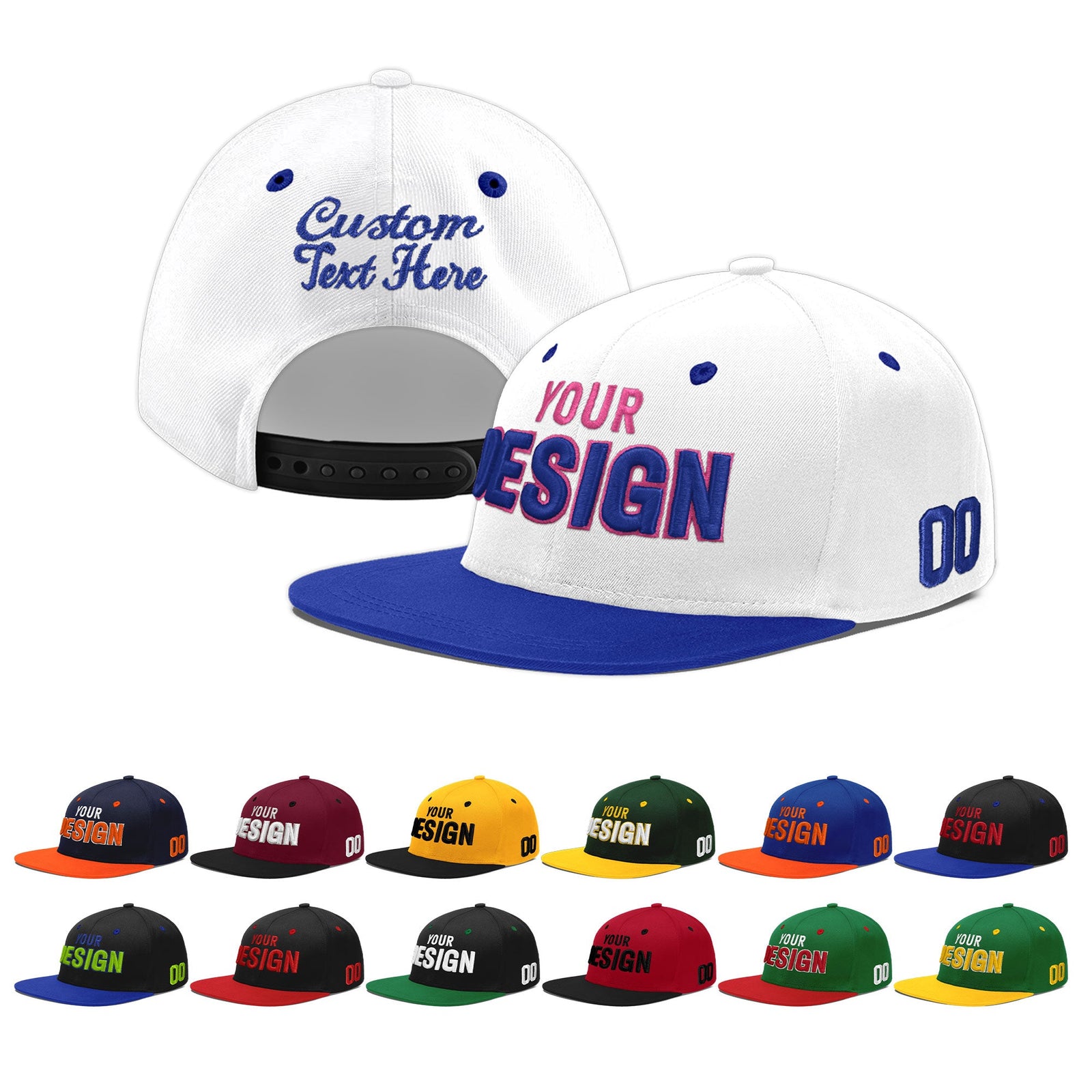 Custom White Royal Blue 3D Puff Embroidery Flat Embroidery Casual Sport Baseball Cap