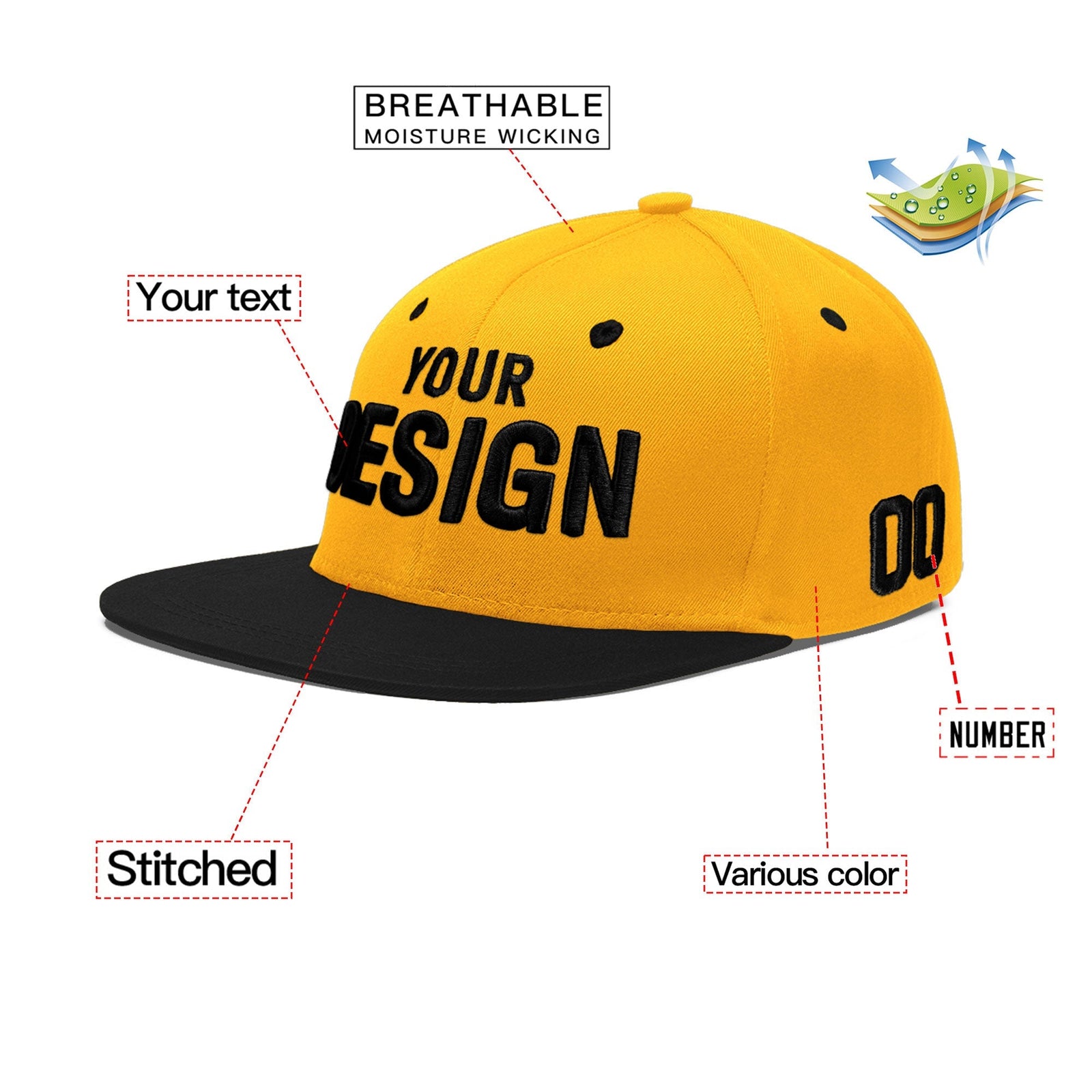 Custom Gold Black 3D Puff Embroidery Flat Embroidery Casual Sport Baseball Cap
