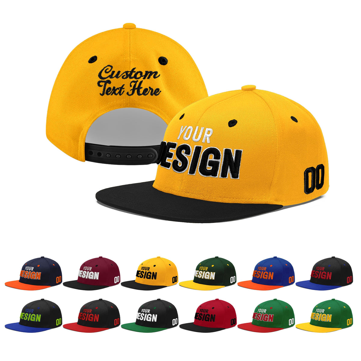 Custom Gold Black 3D Puff Embroidery Flat Embroidery Casual Sport Baseball Cap