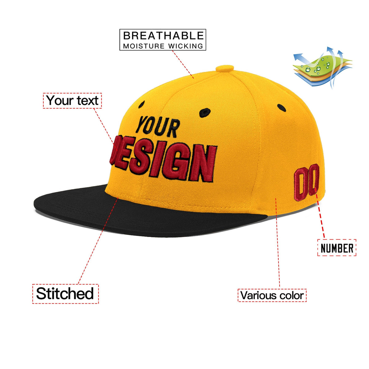 Custom Gold Black 3D Puff Embroidery Flat Embroidery Casual Sport Baseball Cap