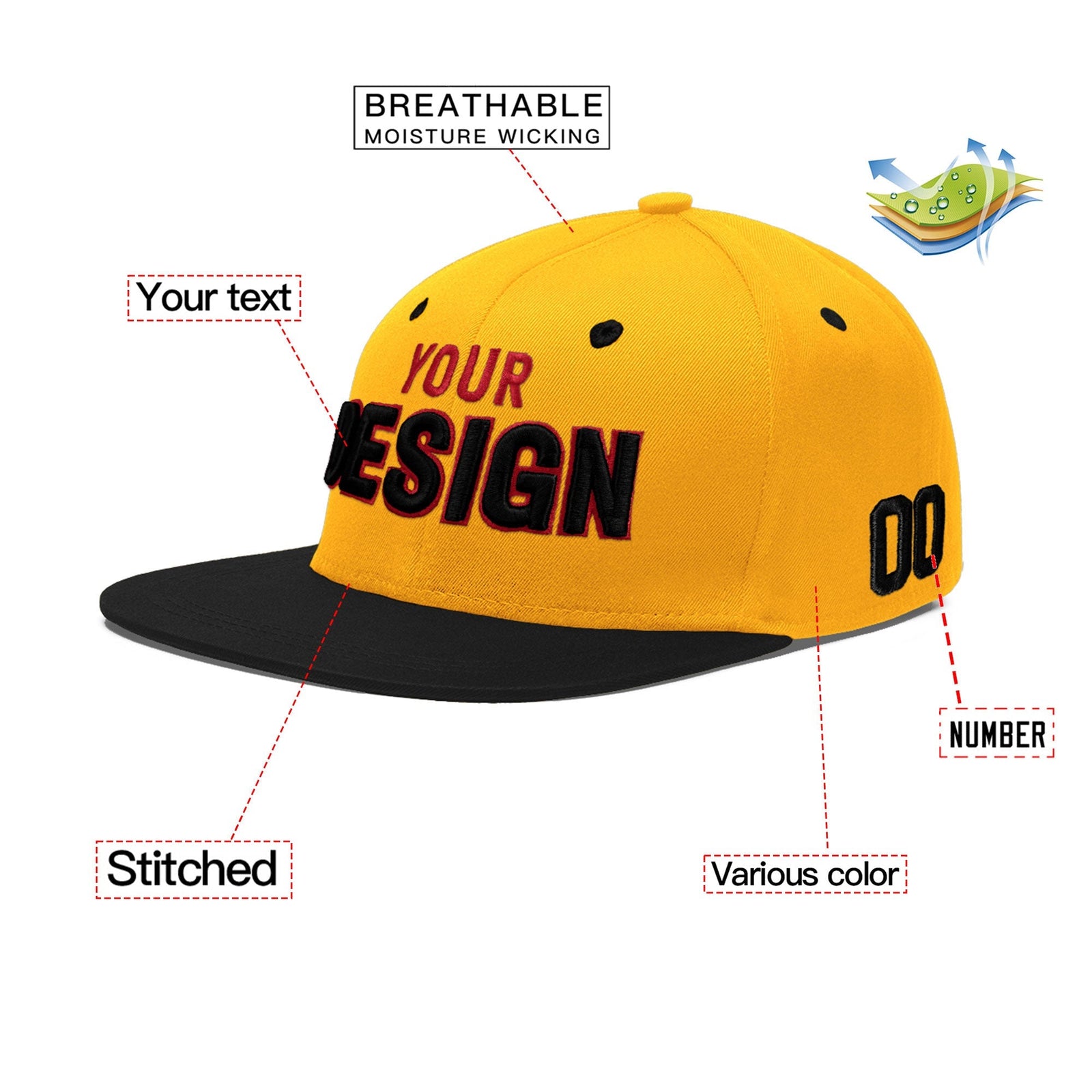 Custom Gold Black 3D Puff Embroidery Flat Embroidery Casual Sport Baseball Cap