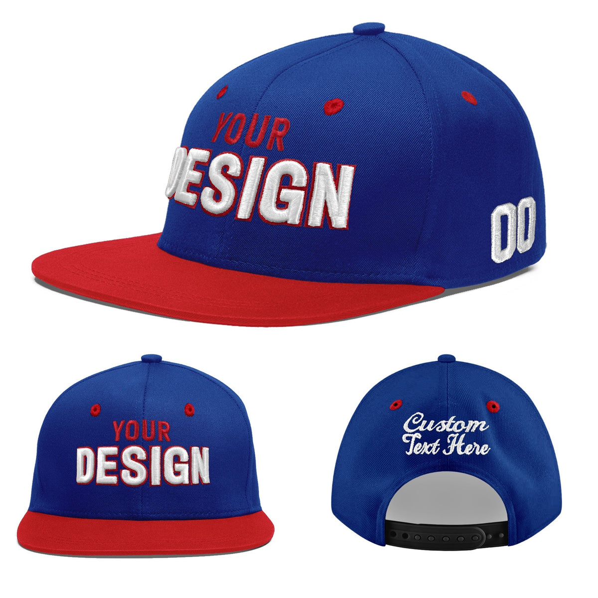 Custom Royal Blue Red 3D Puff Embroidery Flat Embroidery Casual Sport Baseball Cap