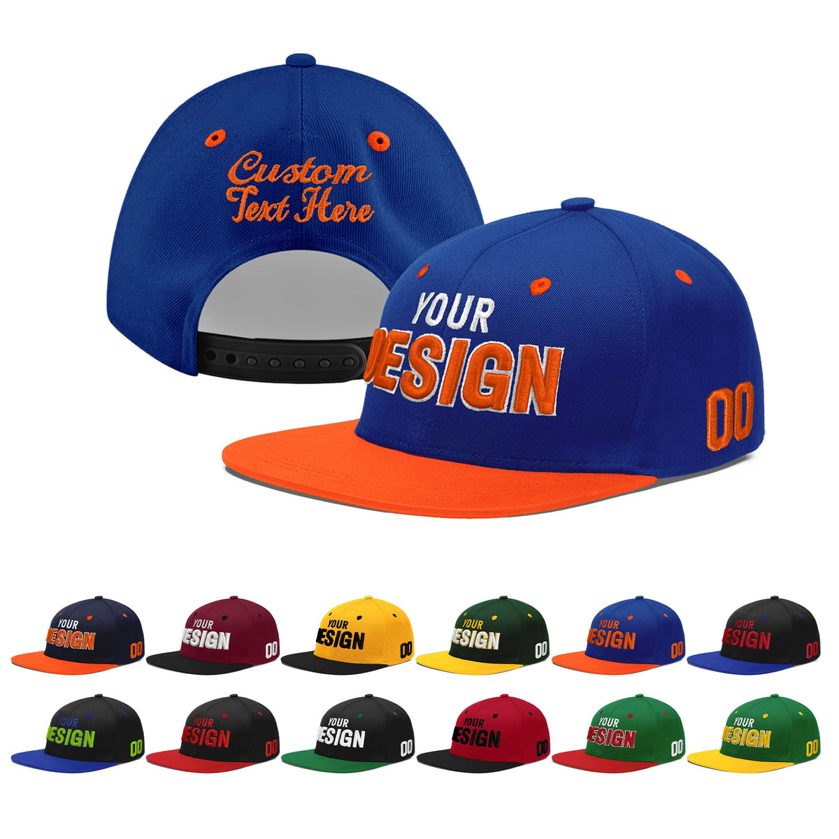 Custom Royal Blue Orange 3D Puff Embroidery Flat Embroidery Casual Sport Baseball Cap