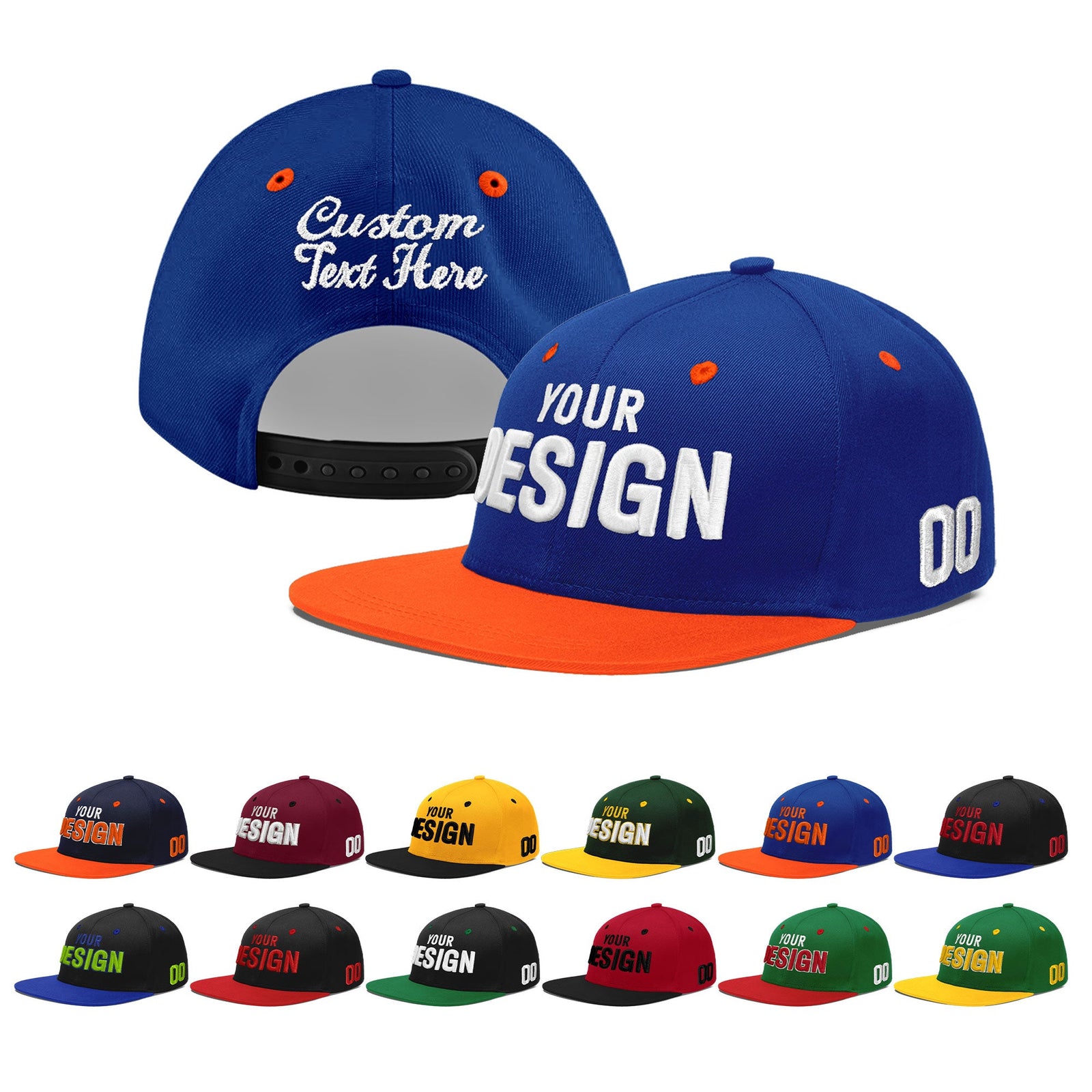 Custom Royal Blue Orange 3D Puff Embroidery Flat Embroidery Casual Sport Baseball Cap