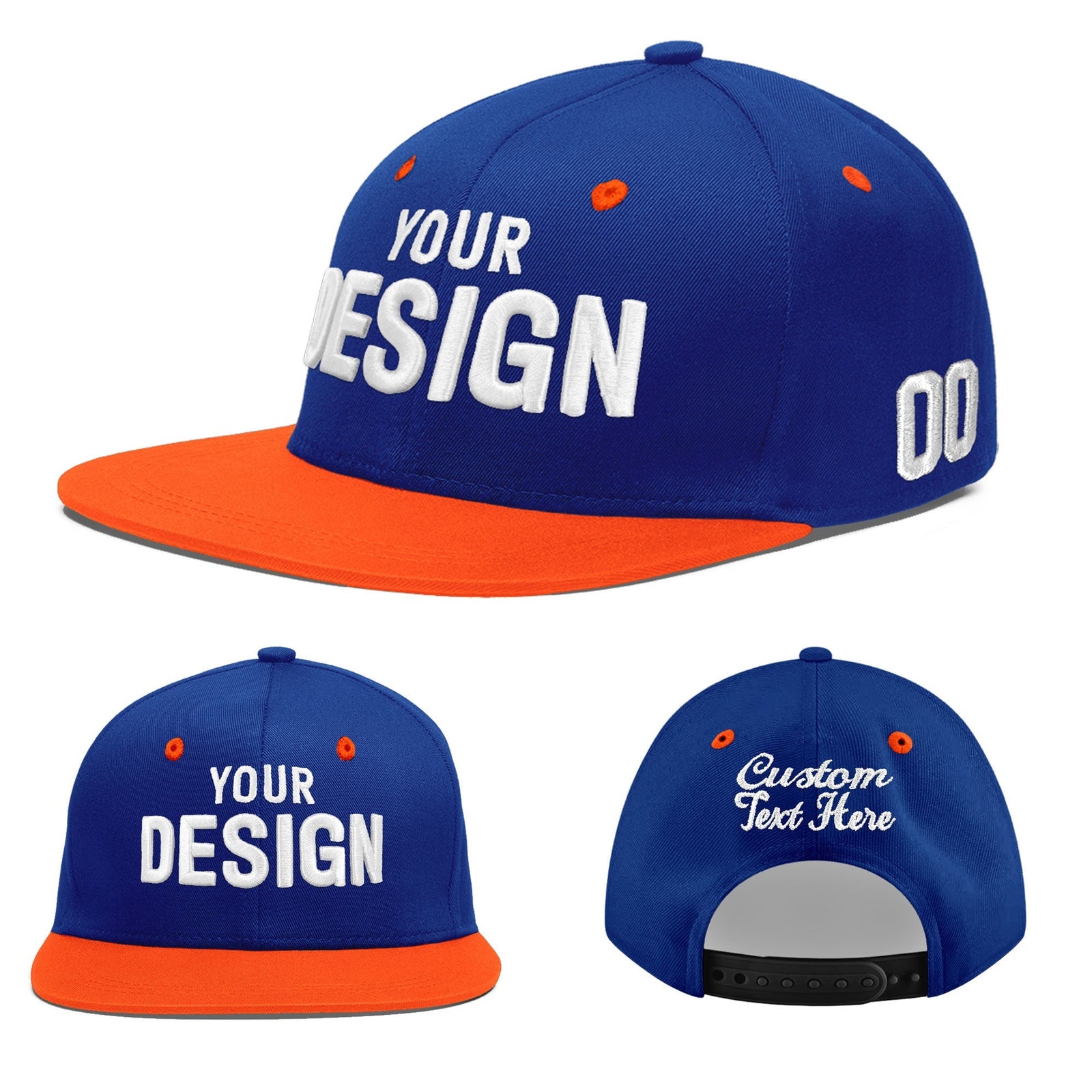 Custom Royal Blue Orange 3D Puff Embroidery Flat Embroidery Casual Sport Baseball Cap