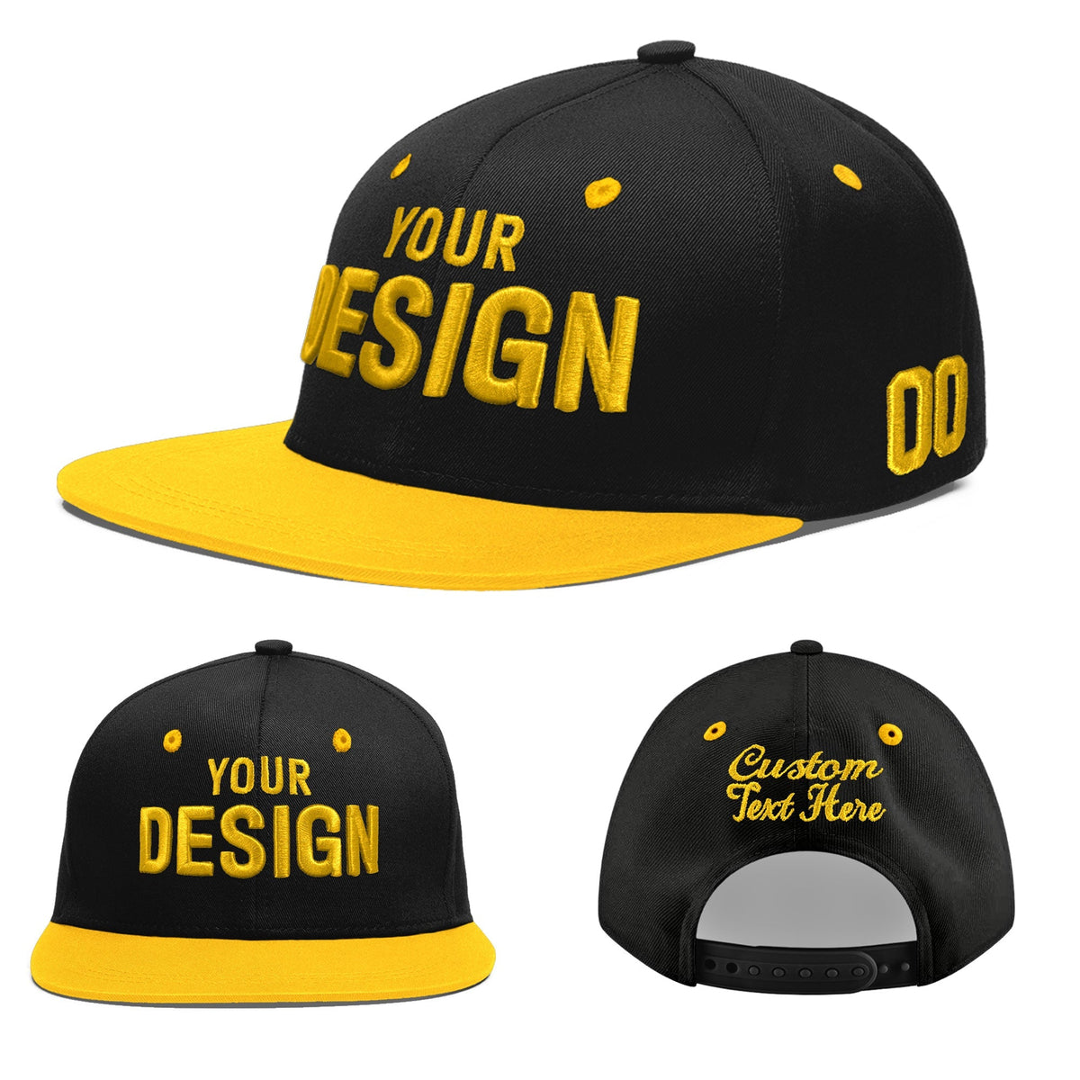 Custom Black Gold 3D Puff Embroidery Flat Embroidery Casual Sport Baseball Cap
