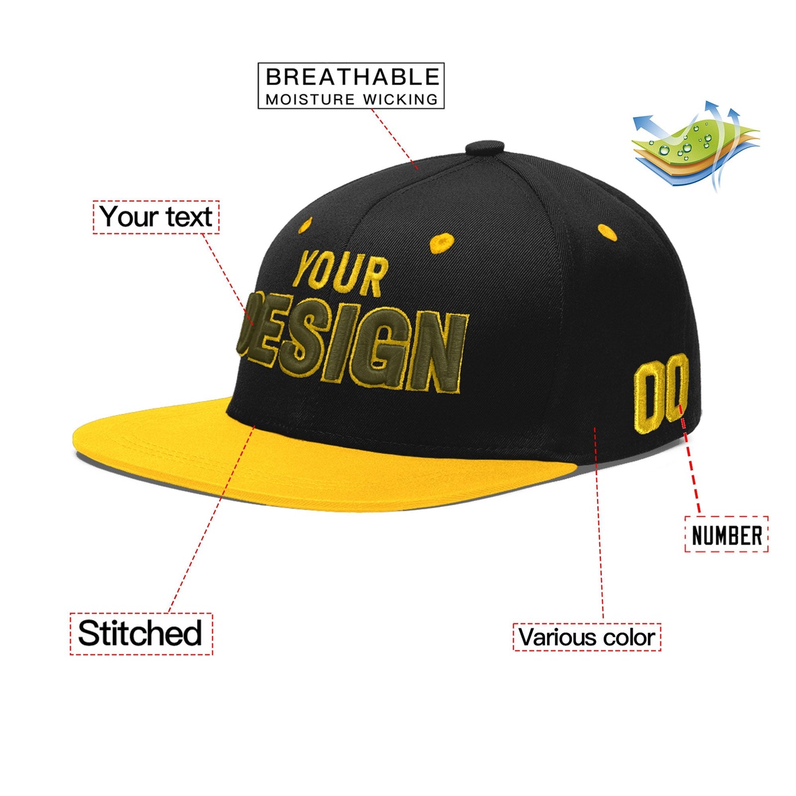 Custom Black Gold 3D Puff Embroidery Flat Embroidery Casual Sport Baseball Cap