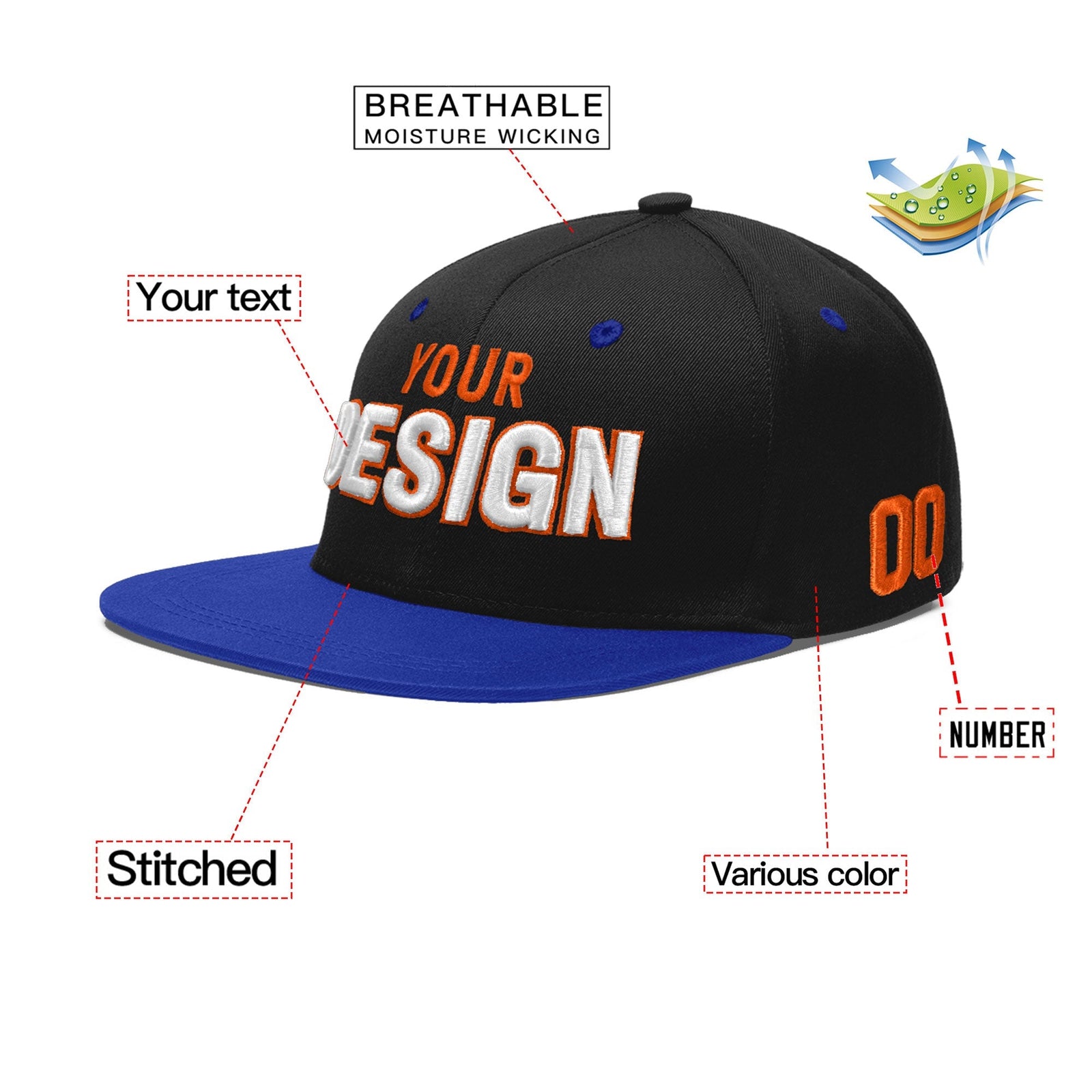 Custom Black Royal Blue 3D Puff Embroidery Flat Embroidery Casual Sport Baseball Cap