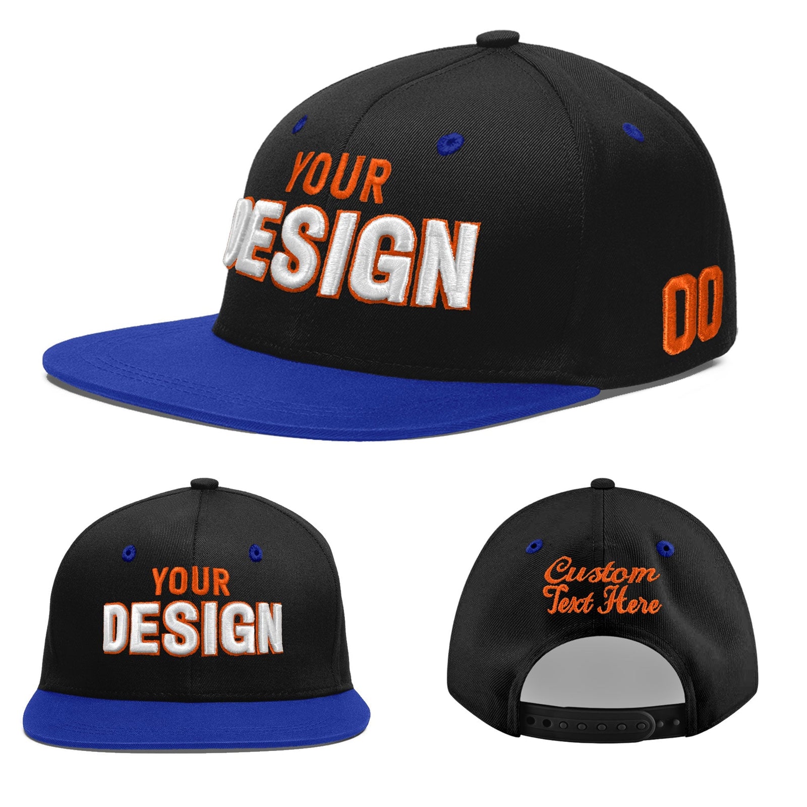 Custom Black Royal Blue 3D Puff Embroidery Flat Embroidery Casual Sport Baseball Cap