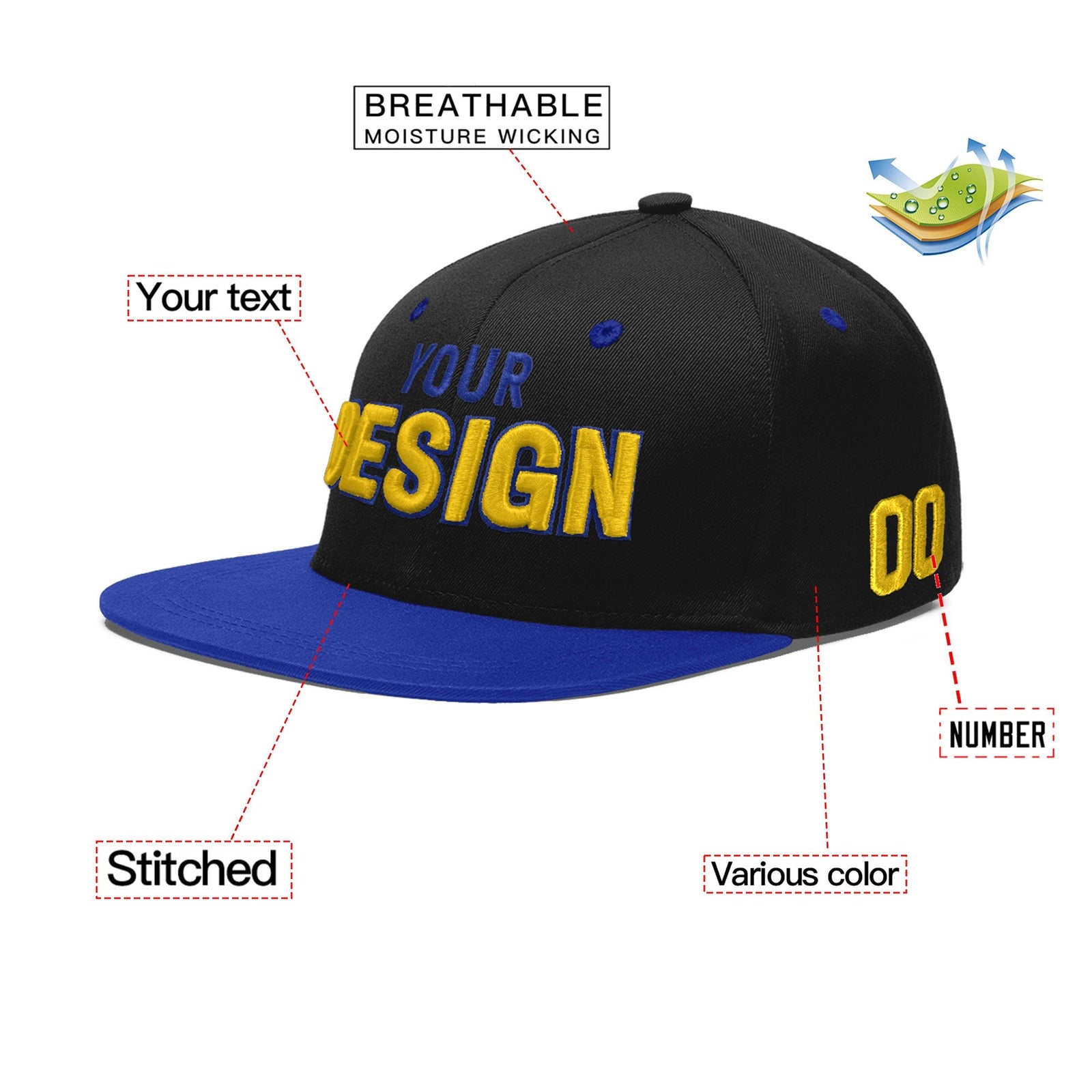 Custom Black Royal Blue 3D Puff Embroidery Flat Embroidery Casual Sport Baseball Cap