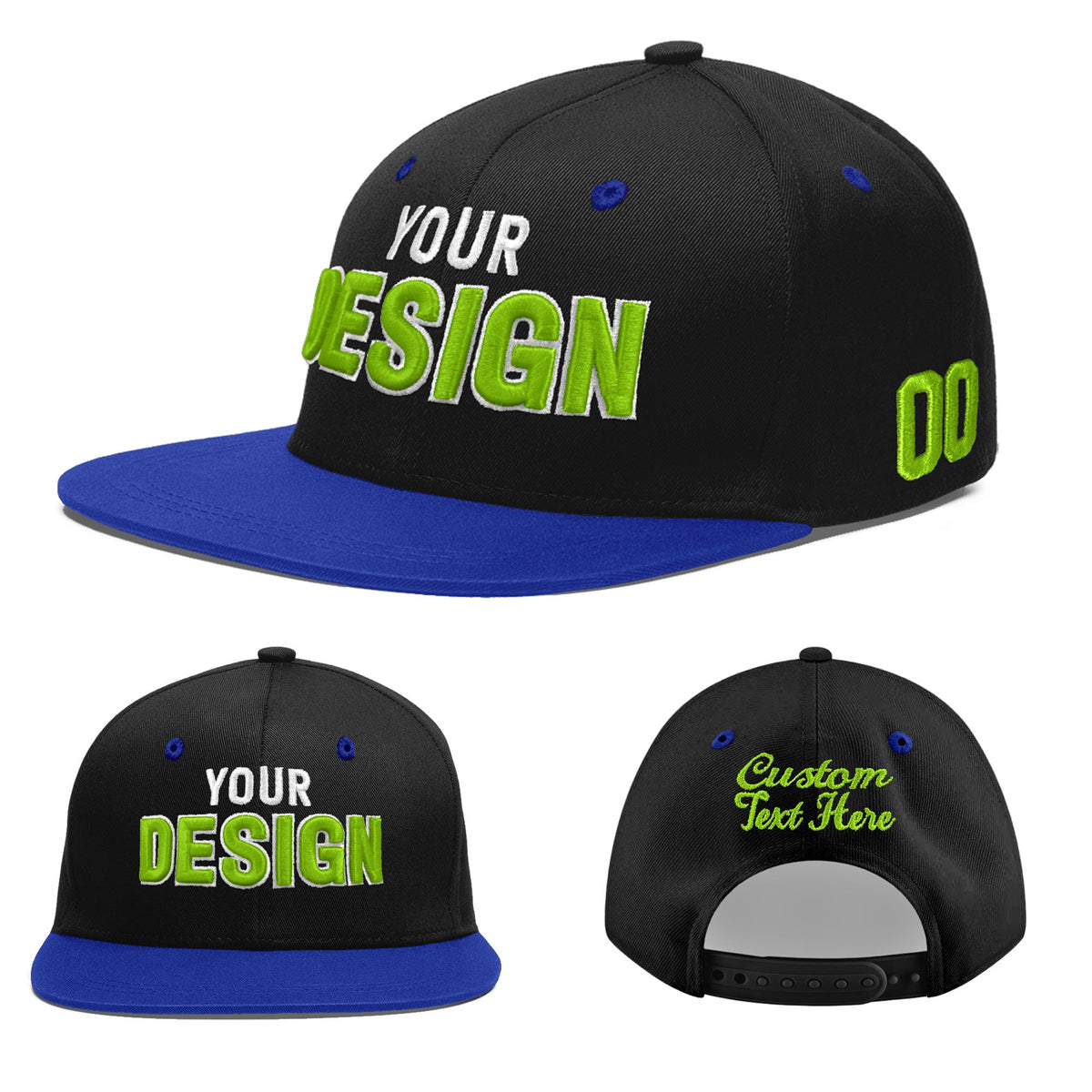 Custom Black Royal Blue 3D Puff Embroidery Flat Embroidery Casual Sport Baseball Cap