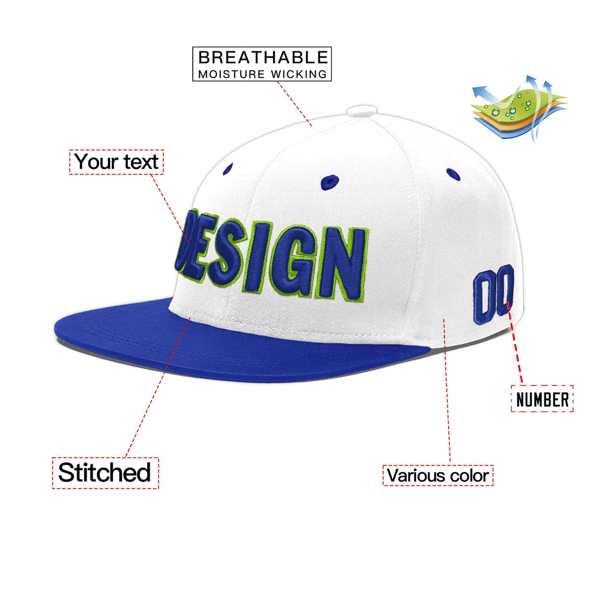 Custom White Royal Blue 3D Puff Embroidery Flat Embroidery Casual Sport Baseball Cap