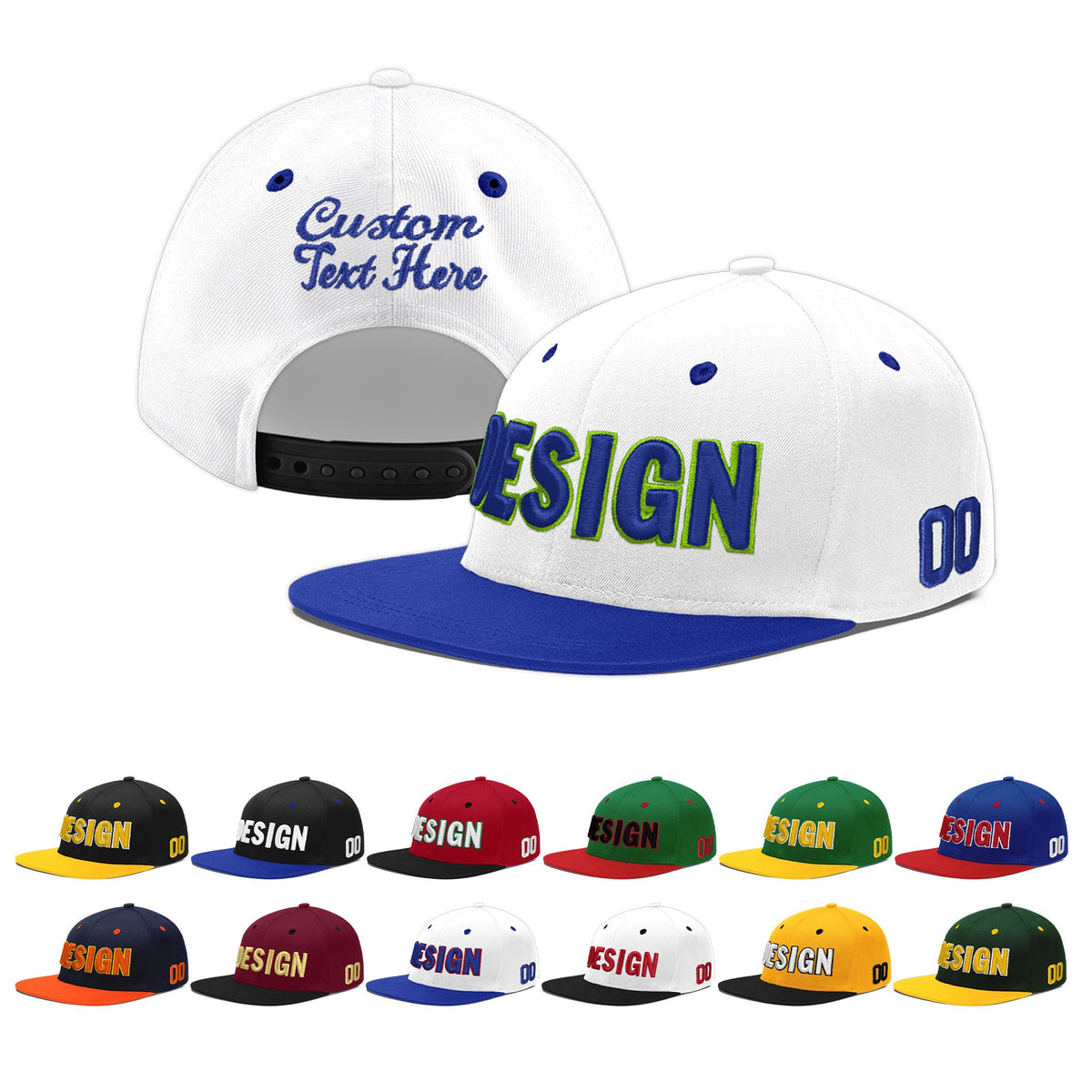 Custom White Royal Blue 3D Puff Embroidery Flat Embroidery Casual Sport Baseball Cap