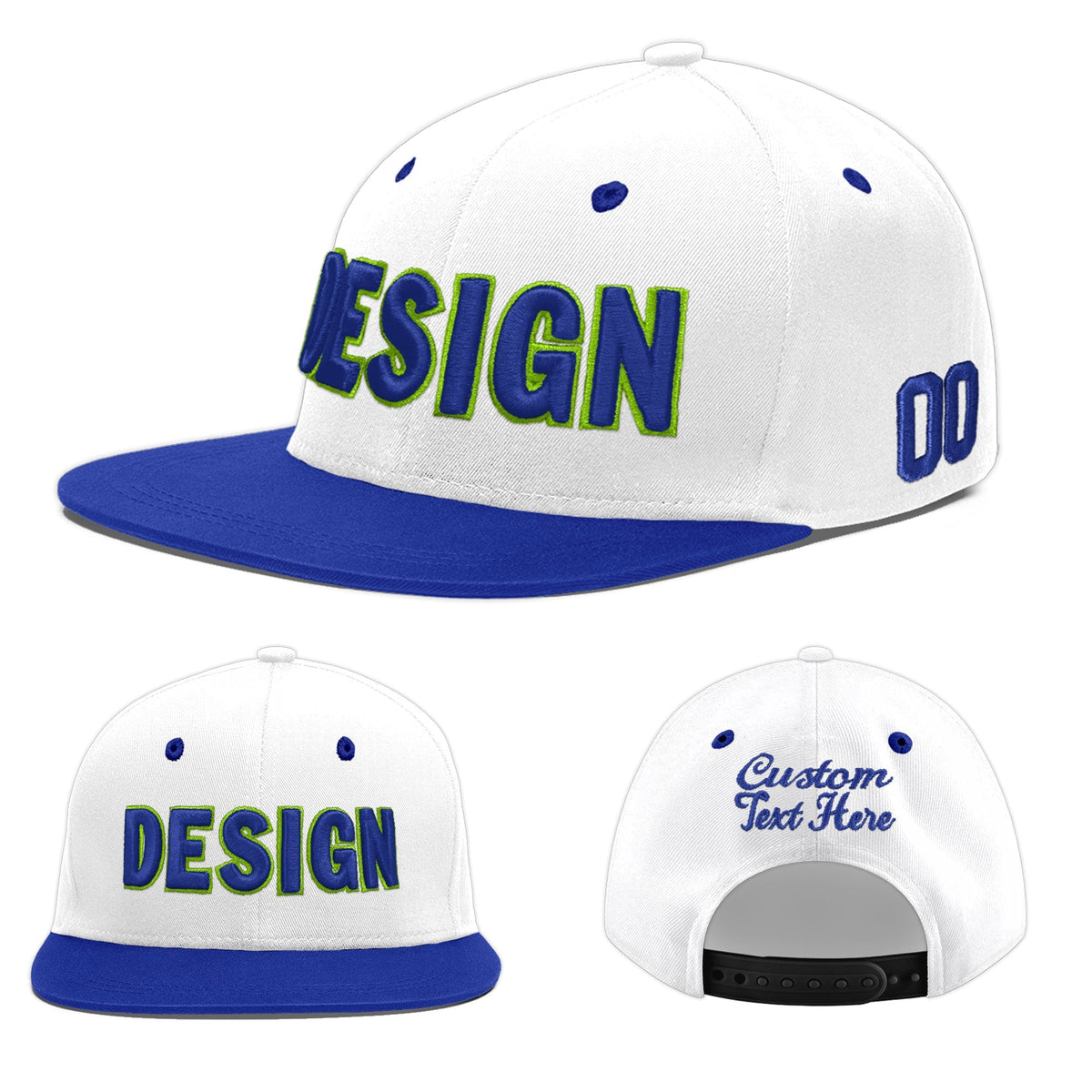 Custom White Royal Blue 3D Puff Embroidery Flat Embroidery Casual Sport Baseball Cap