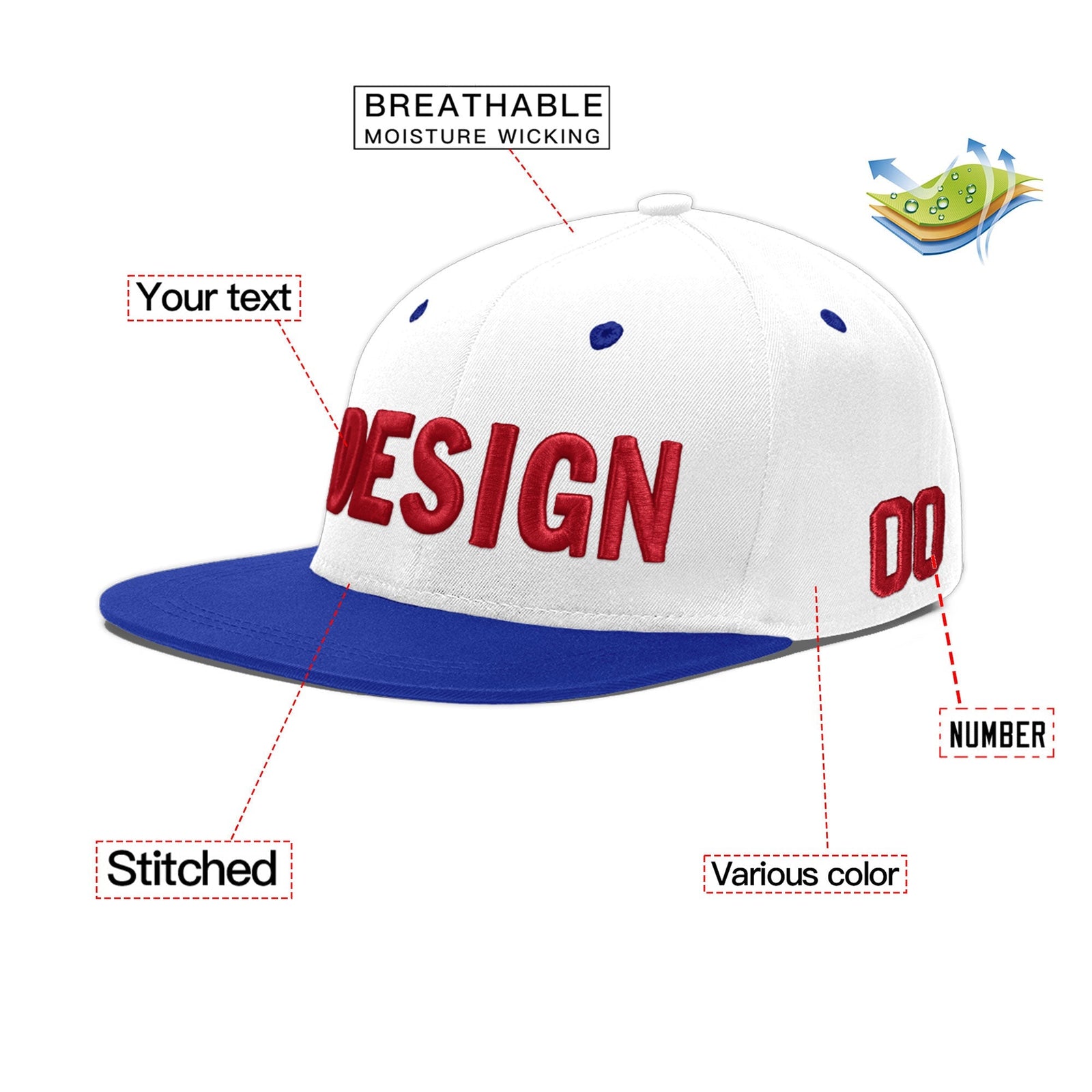 Custom White Royal Blue 3D Puff Embroidery Flat Embroidery Casual Sport Baseball Cap