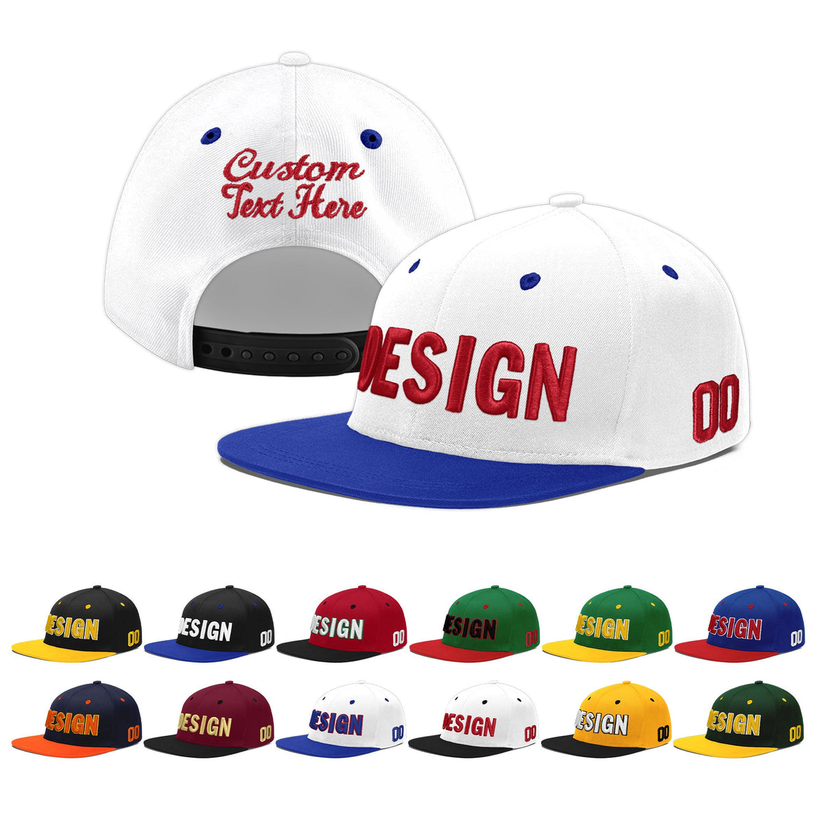 Custom White Royal Blue 3D Puff Embroidery Flat Embroidery Casual Sport Baseball Cap