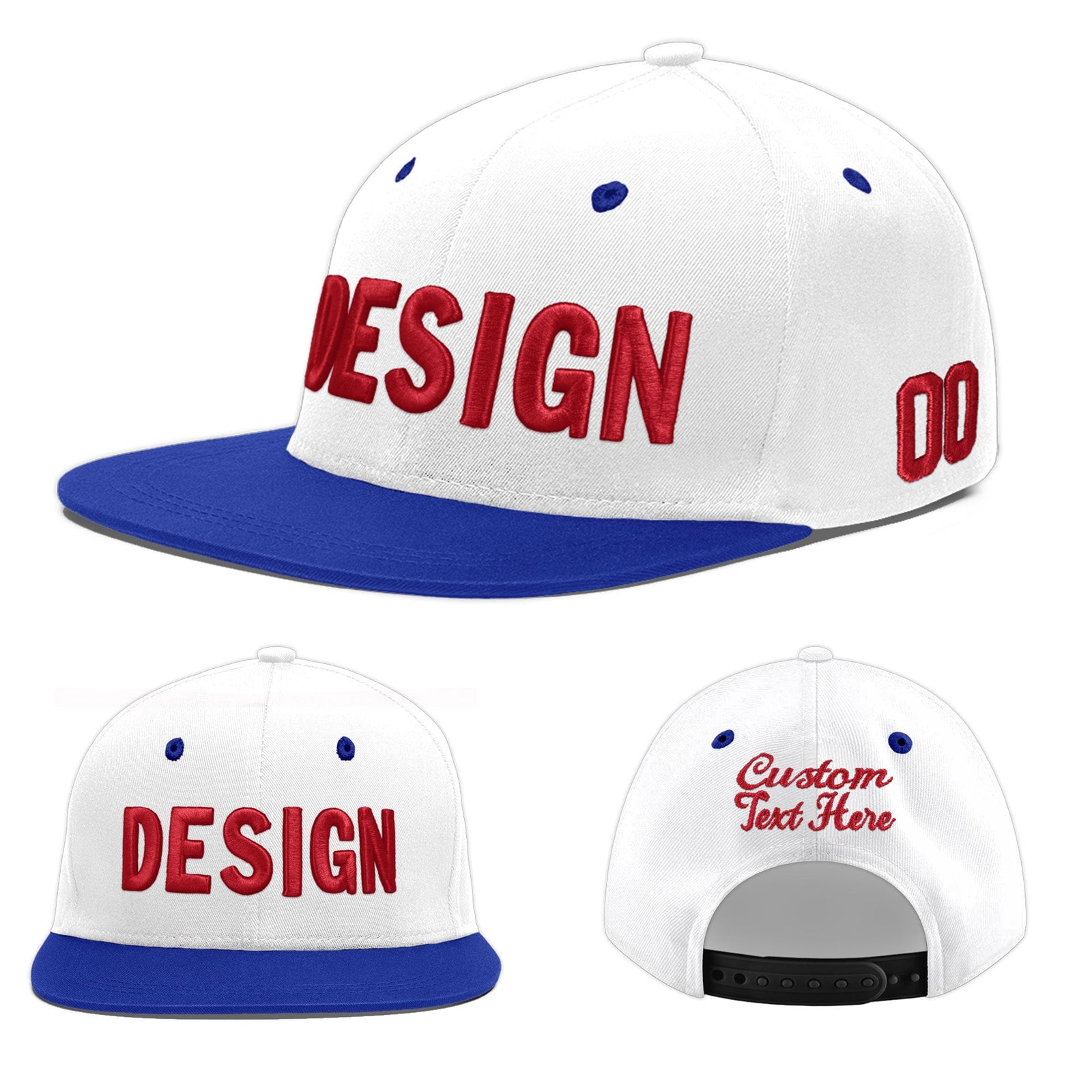 Custom White Royal Blue 3D Puff Embroidery Flat Embroidery Casual Sport Baseball Cap