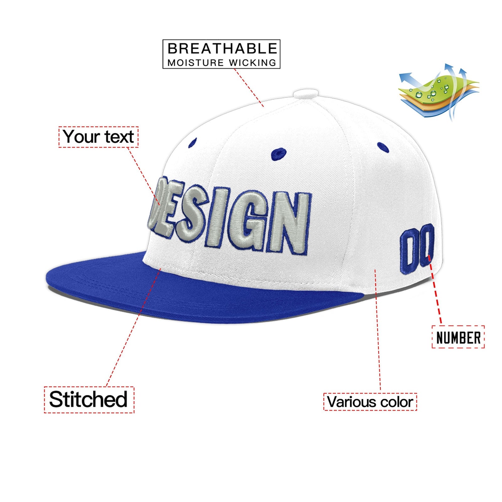 Custom White Royal Blue 3D Puff Embroidery Flat Embroidery Casual Sport Baseball Cap