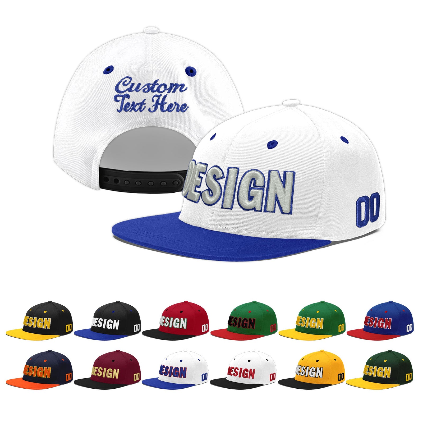 Custom White Royal Blue 3D Puff Embroidery Flat Embroidery Casual Sport Baseball Cap