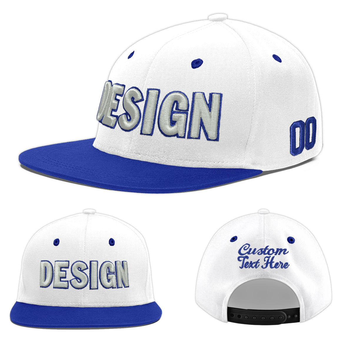Custom White Royal Blue 3D Puff Embroidery Flat Embroidery Casual Sport Baseball Cap
