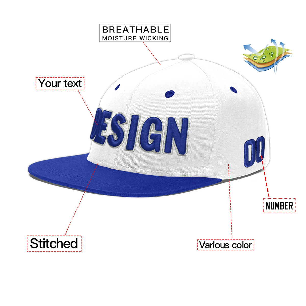 Custom White Royal Blue 3D Puff Embroidery Flat Embroidery Casual Sport Baseball Cap