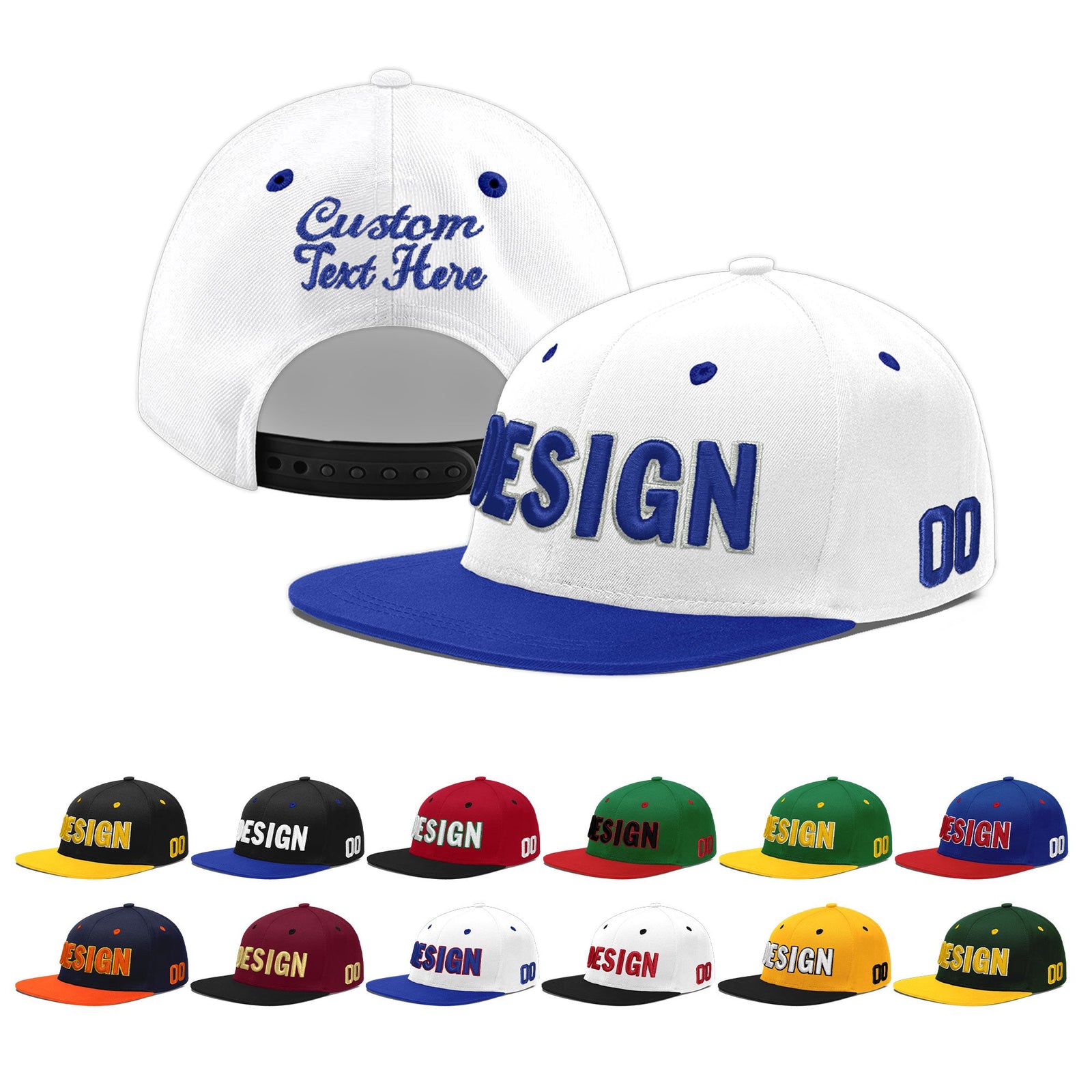 Custom White Royal Blue 3D Puff Embroidery Flat Embroidery Casual Sport Baseball Cap