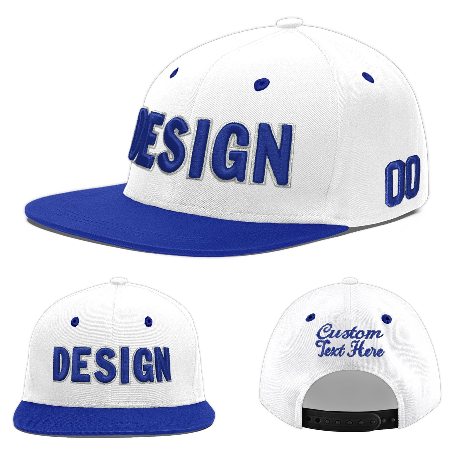 Custom White Royal Blue 3D Puff Embroidery Flat Embroidery Casual Sport Baseball Cap