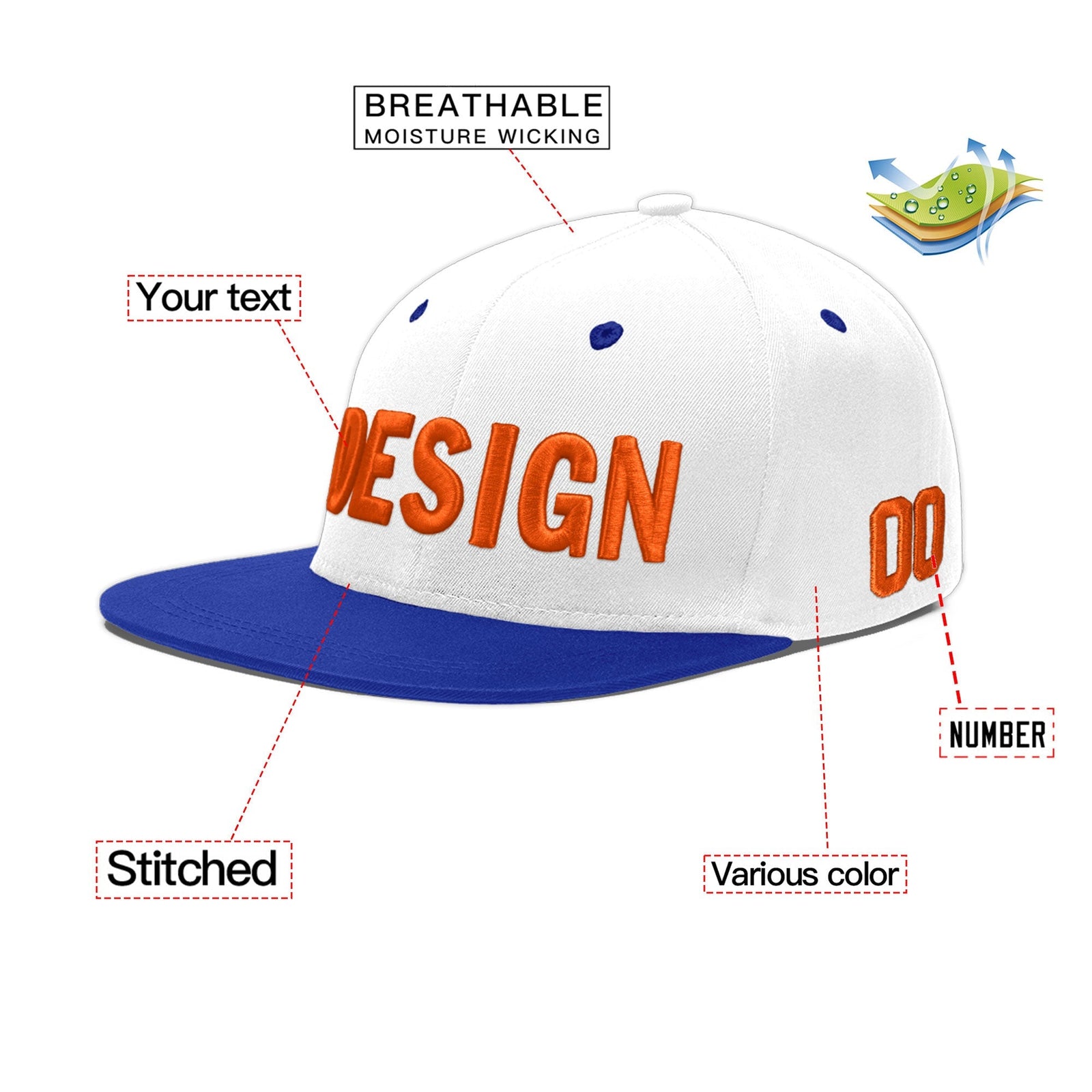 Custom White Royal Blue 3D Puff Embroidery Flat Embroidery Casual Sport Baseball Cap