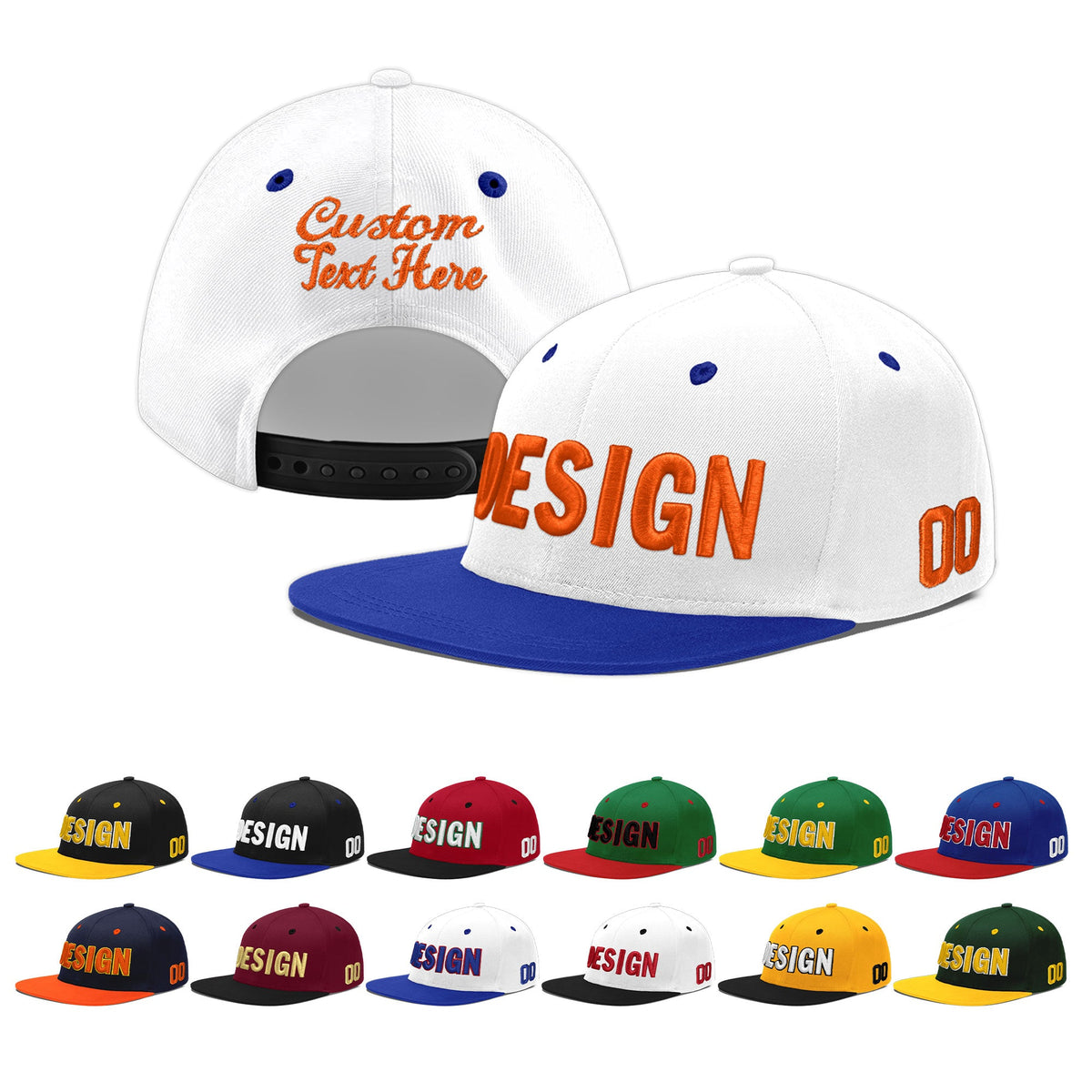 Custom White Royal Blue 3D Puff Embroidery Flat Embroidery Casual Sport Baseball Cap