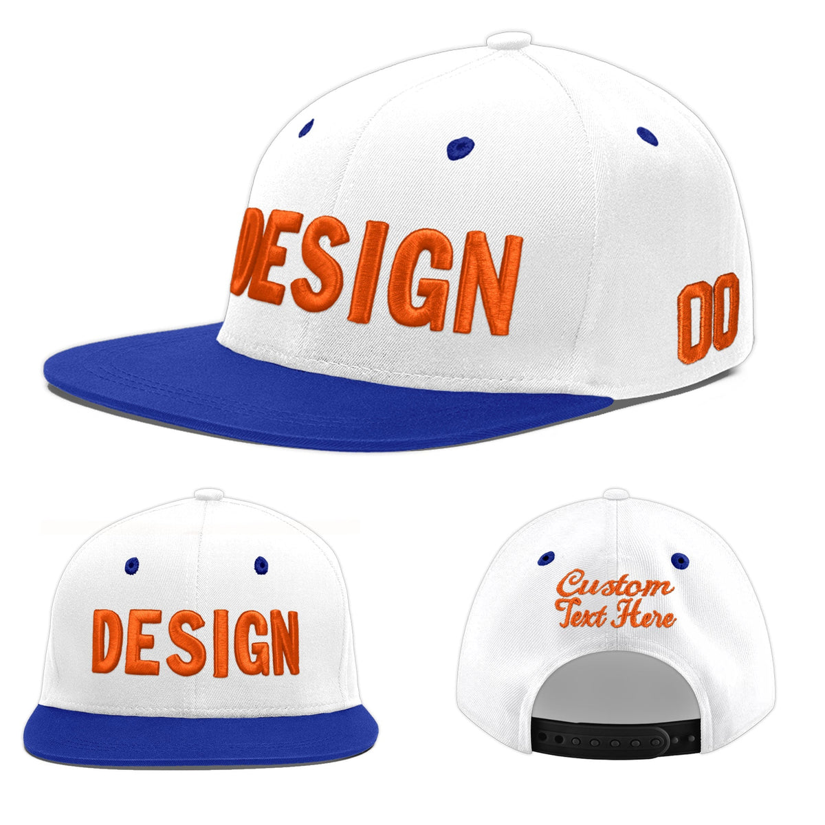 Custom White Royal Blue 3D Puff Embroidery Flat Embroidery Casual Sport Baseball Cap