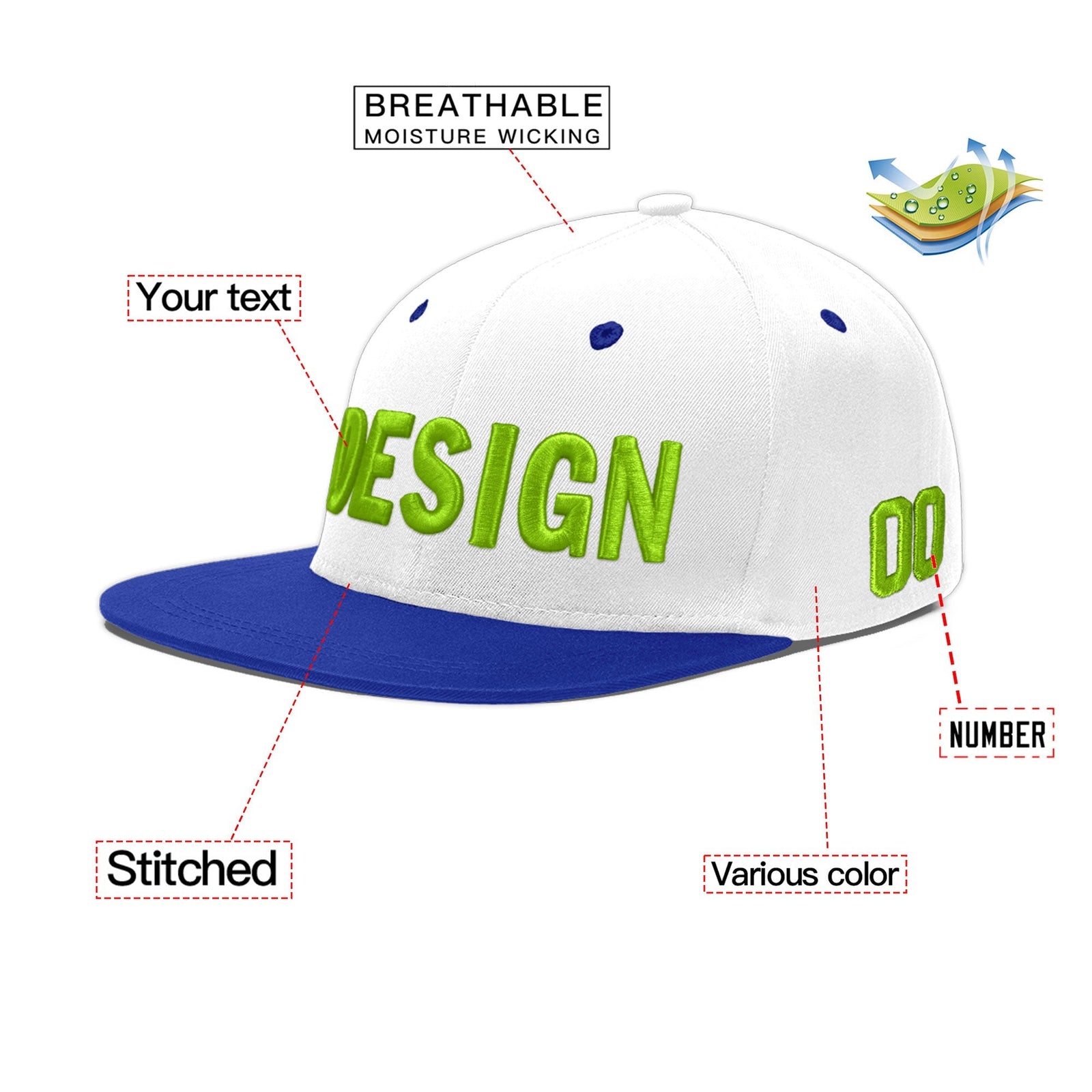 Custom White Royal Blue 3D Puff Embroidery Flat Embroidery Casual Sport Baseball Cap