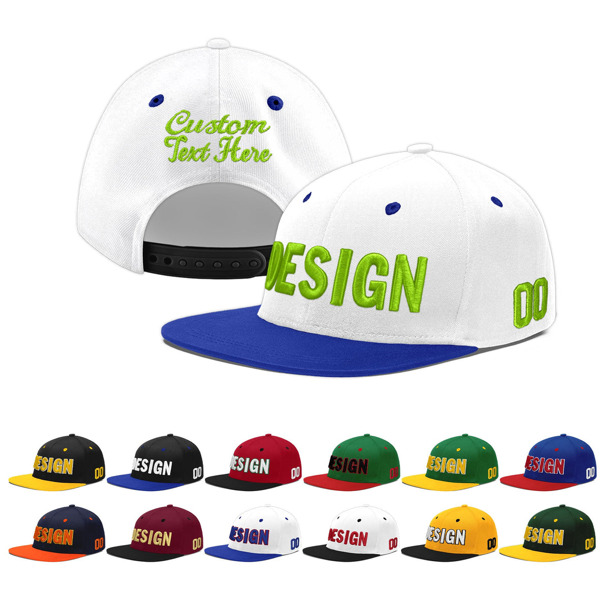 Custom White Royal Blue 3D Puff Embroidery Flat Embroidery Casual Sport Baseball Cap