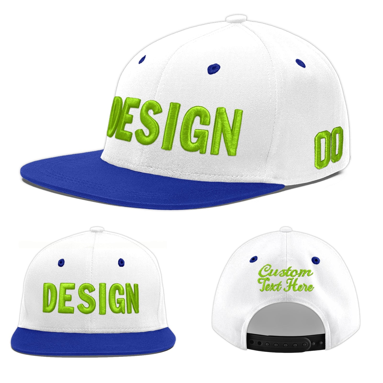 Custom White Royal Blue 3D Puff Embroidery Flat Embroidery Casual Sport Baseball Cap