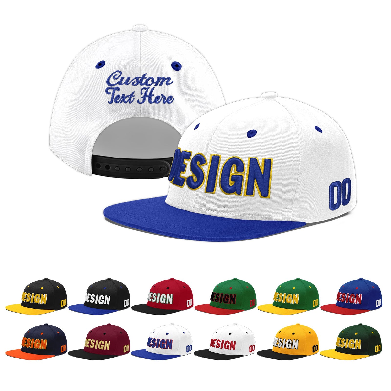 Custom White Royal Blue 3D Puff Embroidery Flat Embroidery Casual Sport Baseball Cap