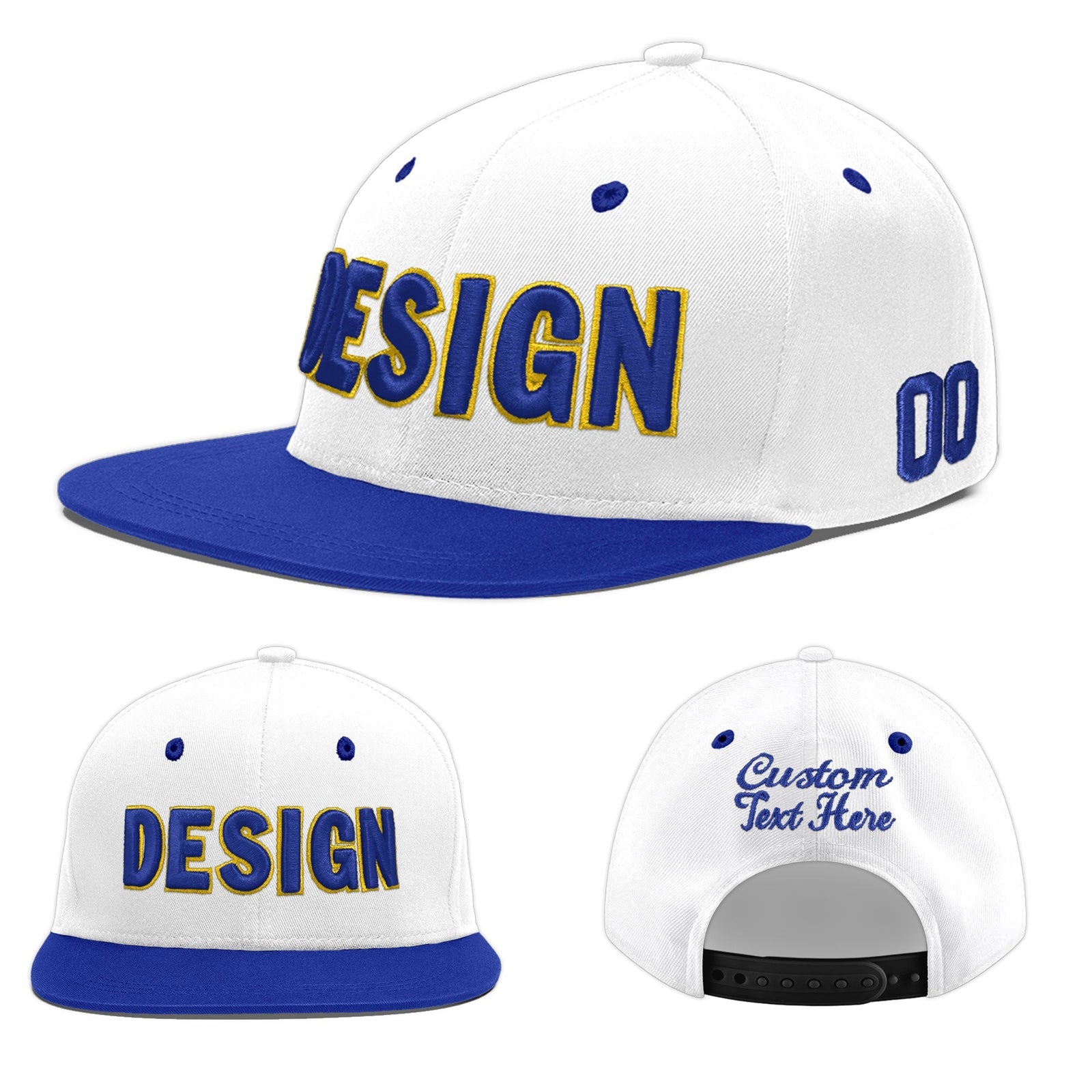 Custom White Royal Blue 3D Puff Embroidery Flat Embroidery Casual Sport Baseball Cap