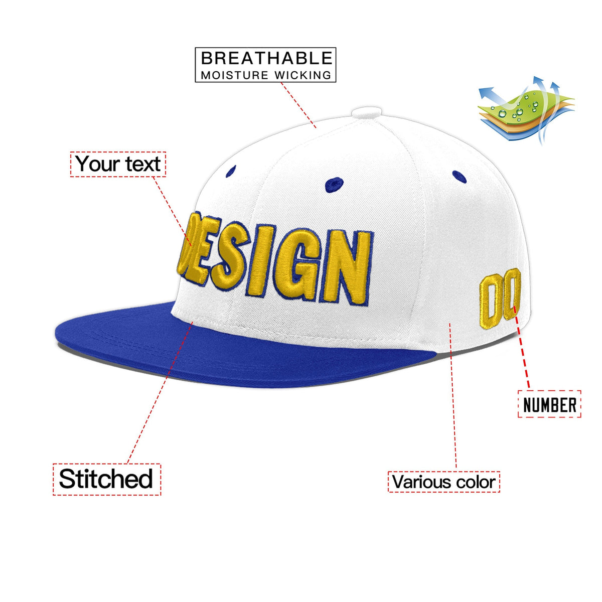 Custom White Royal Blue 3D Puff Embroidery Flat Embroidery Casual Sport Baseball Cap