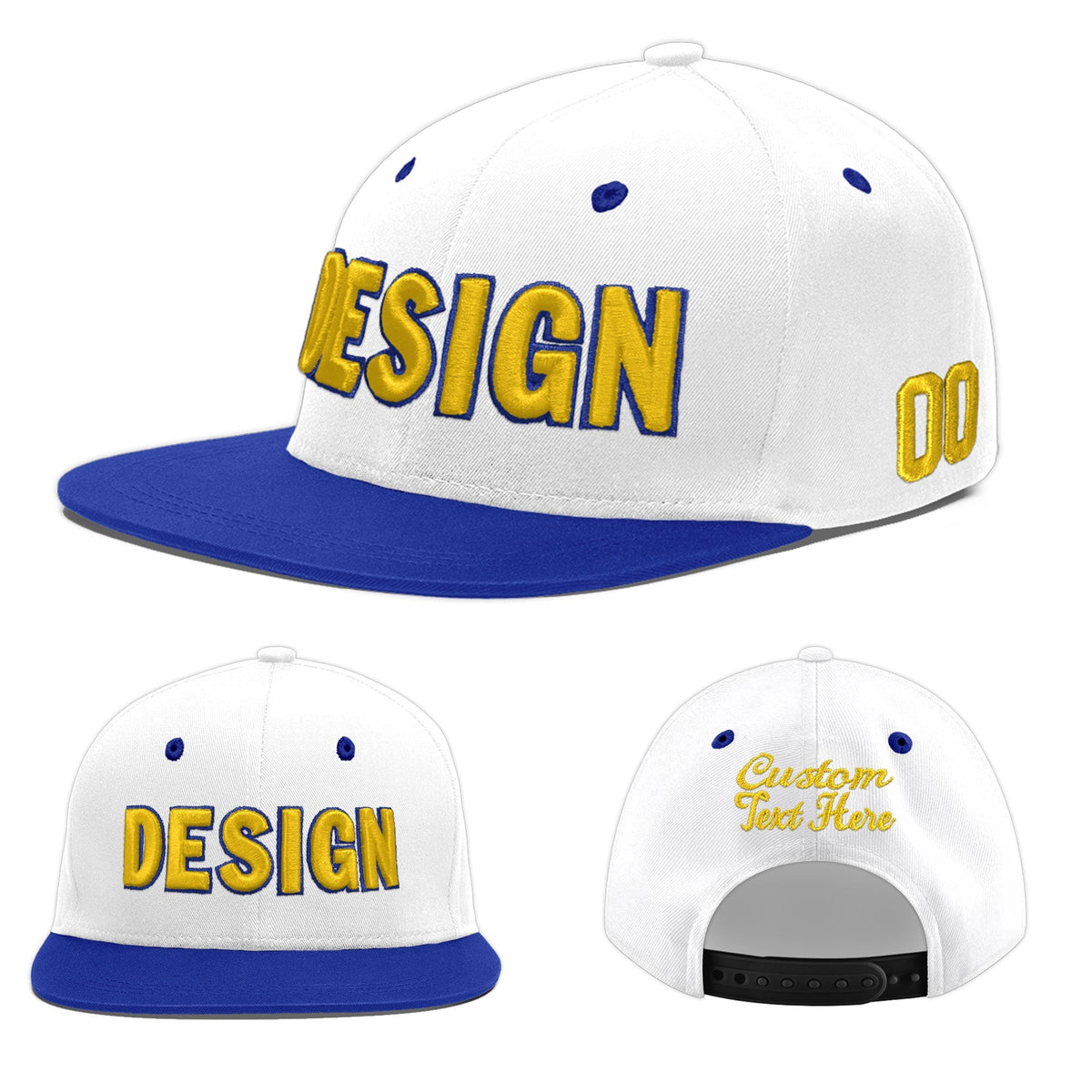 Custom White Royal Blue 3D Puff Embroidery Flat Embroidery Casual Sport Baseball Cap