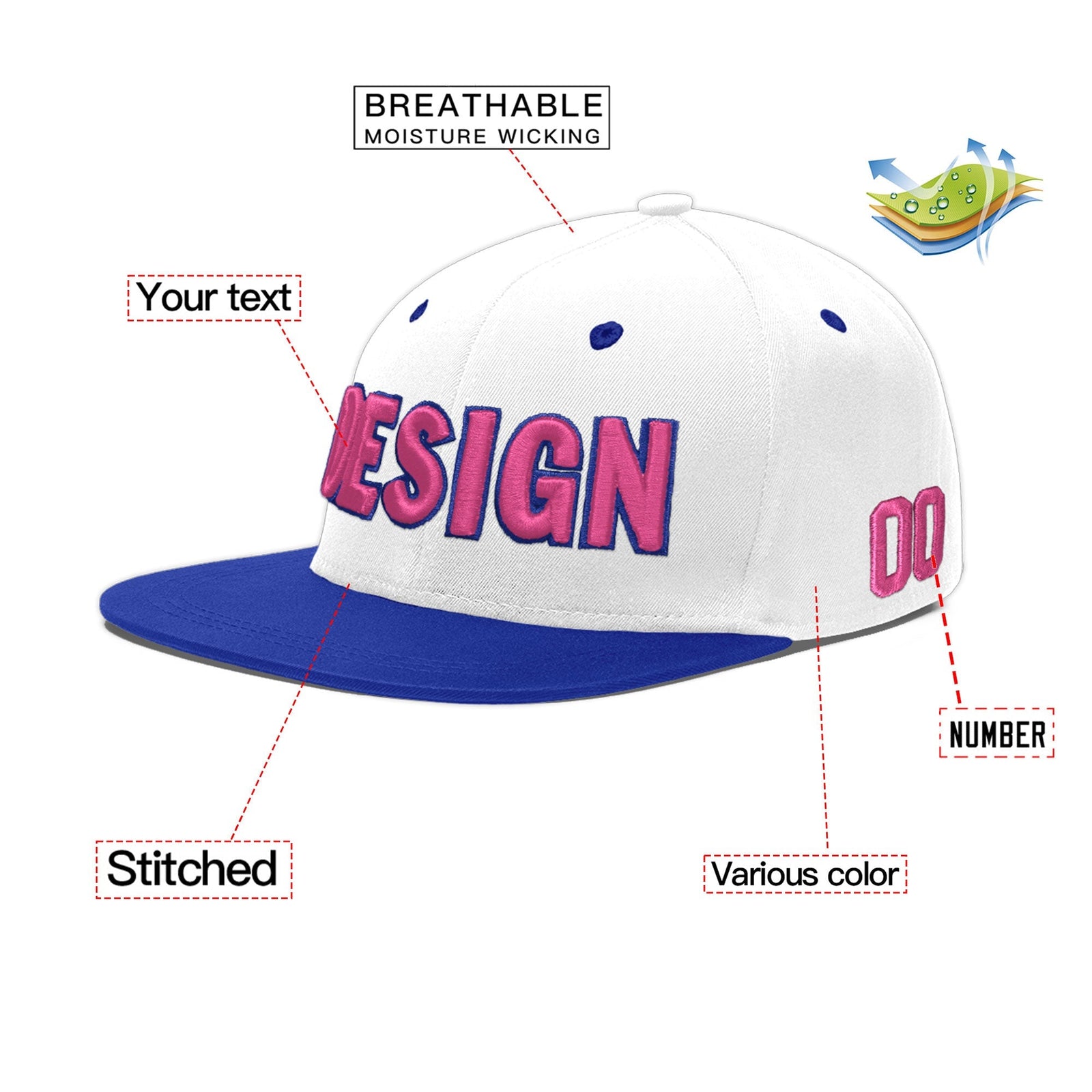 Custom White Royal Blue 3D Puff Embroidery Flat Embroidery Casual Sport Baseball Cap