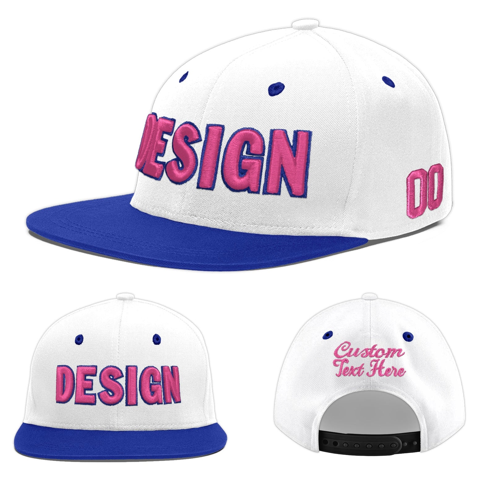 Custom White Royal Blue 3D Puff Embroidery Flat Embroidery Casual Sport Baseball Cap