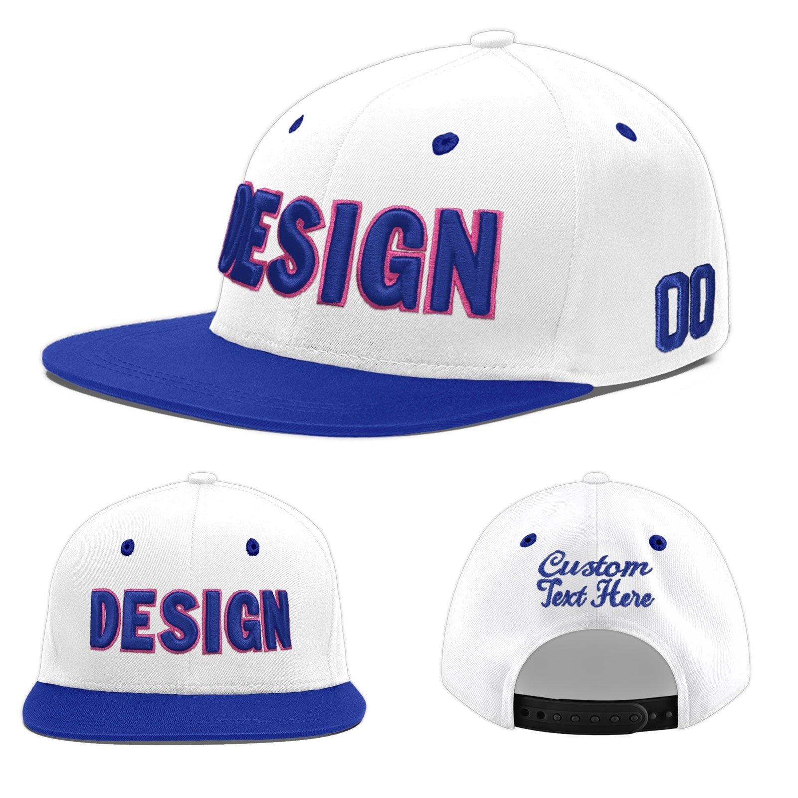 Custom White Royal Blue 3D Puff Embroidery Flat Embroidery Casual Sport Baseball Cap