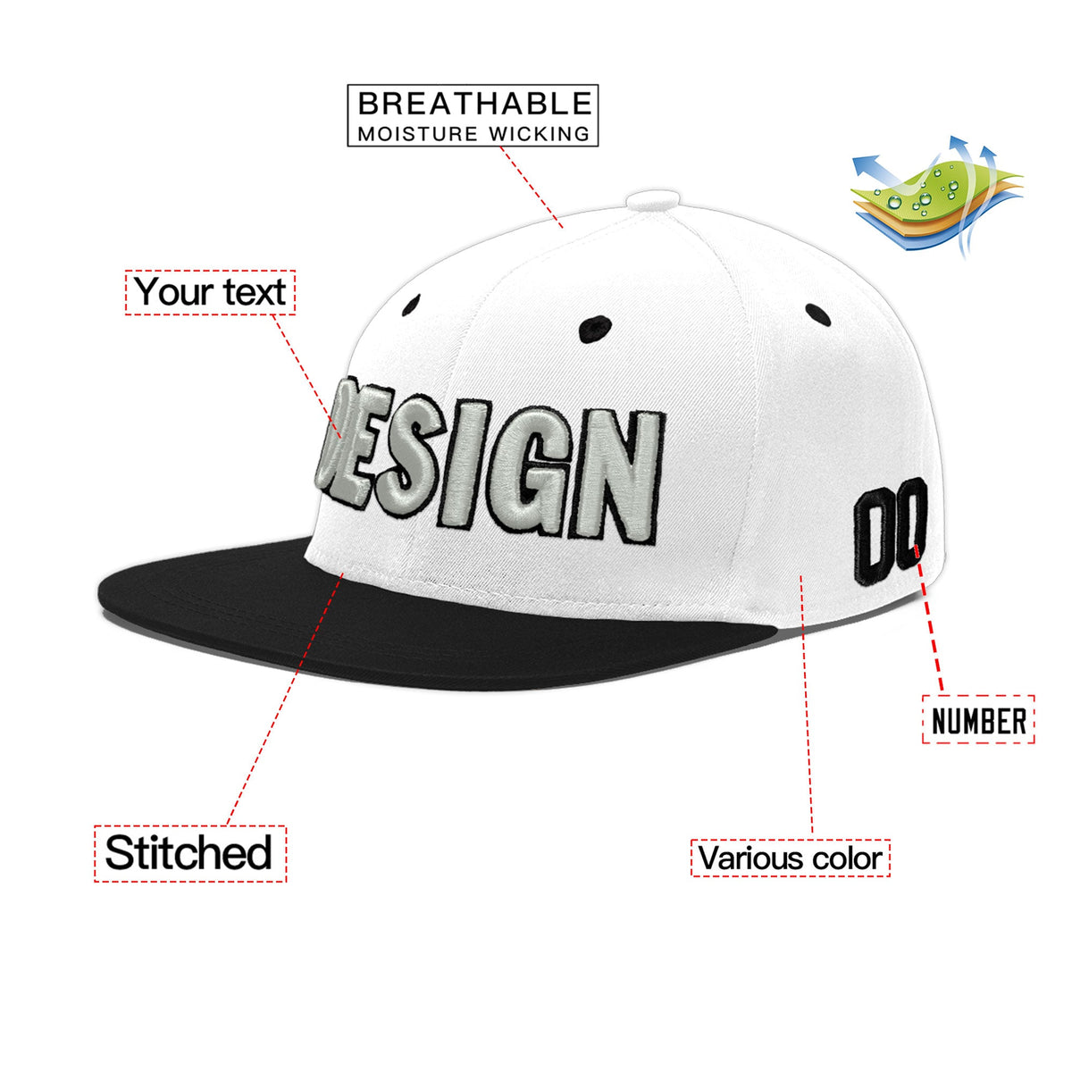 Custom White Black 3D Puff Embroidery Flat Embroidery Casual Sport Baseball Cap