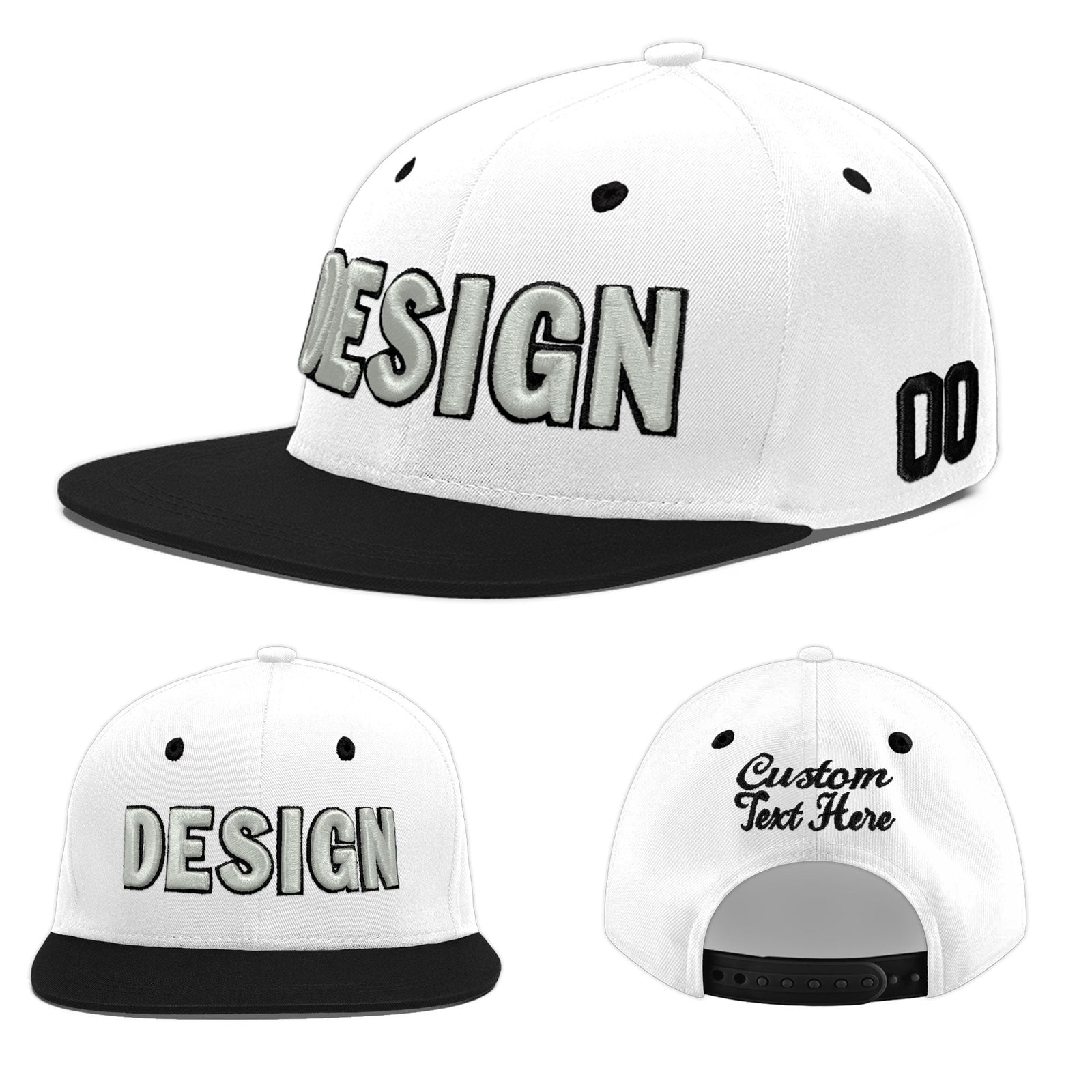 Custom White Black 3D Puff Embroidery Flat Embroidery Casual Sport Baseball Cap