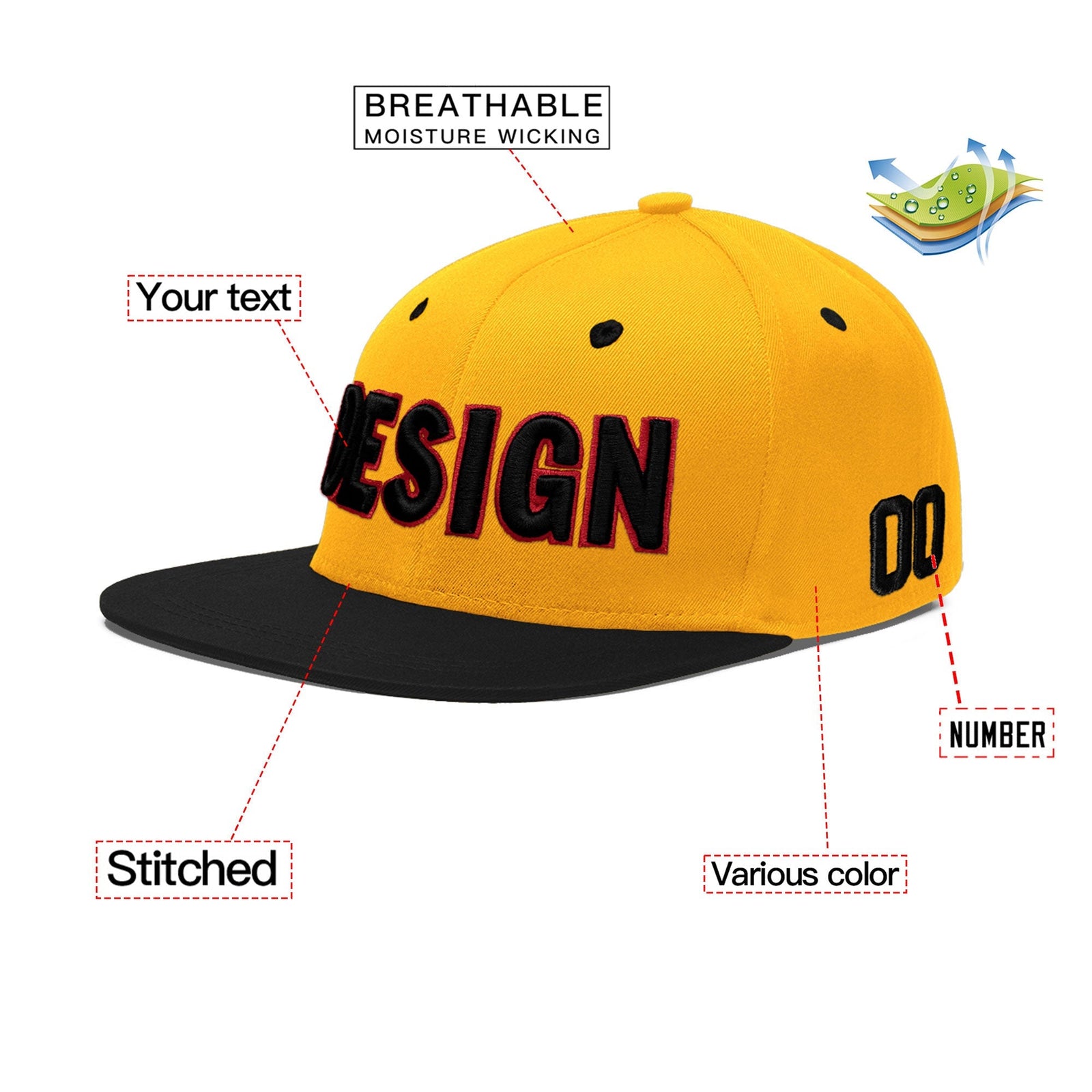 Custom Gold Black 3D Puff Embroidery Flat Embroidery Casual Sport Baseball Cap