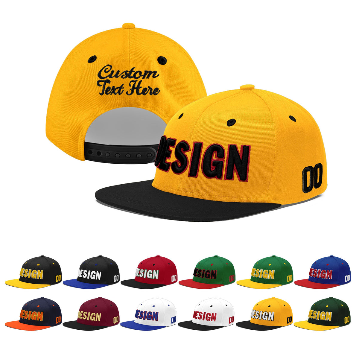 Custom Gold Black 3D Puff Embroidery Flat Embroidery Casual Sport Baseball Cap