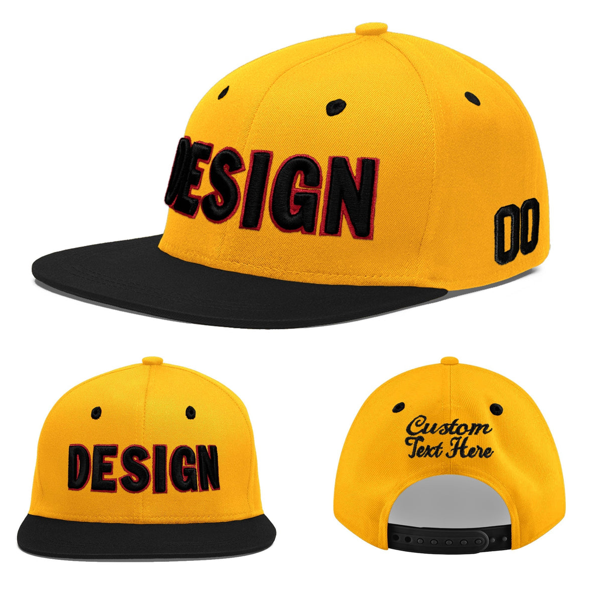 Custom Gold Black 3D Puff Embroidery Flat Embroidery Casual Sport Baseball Cap