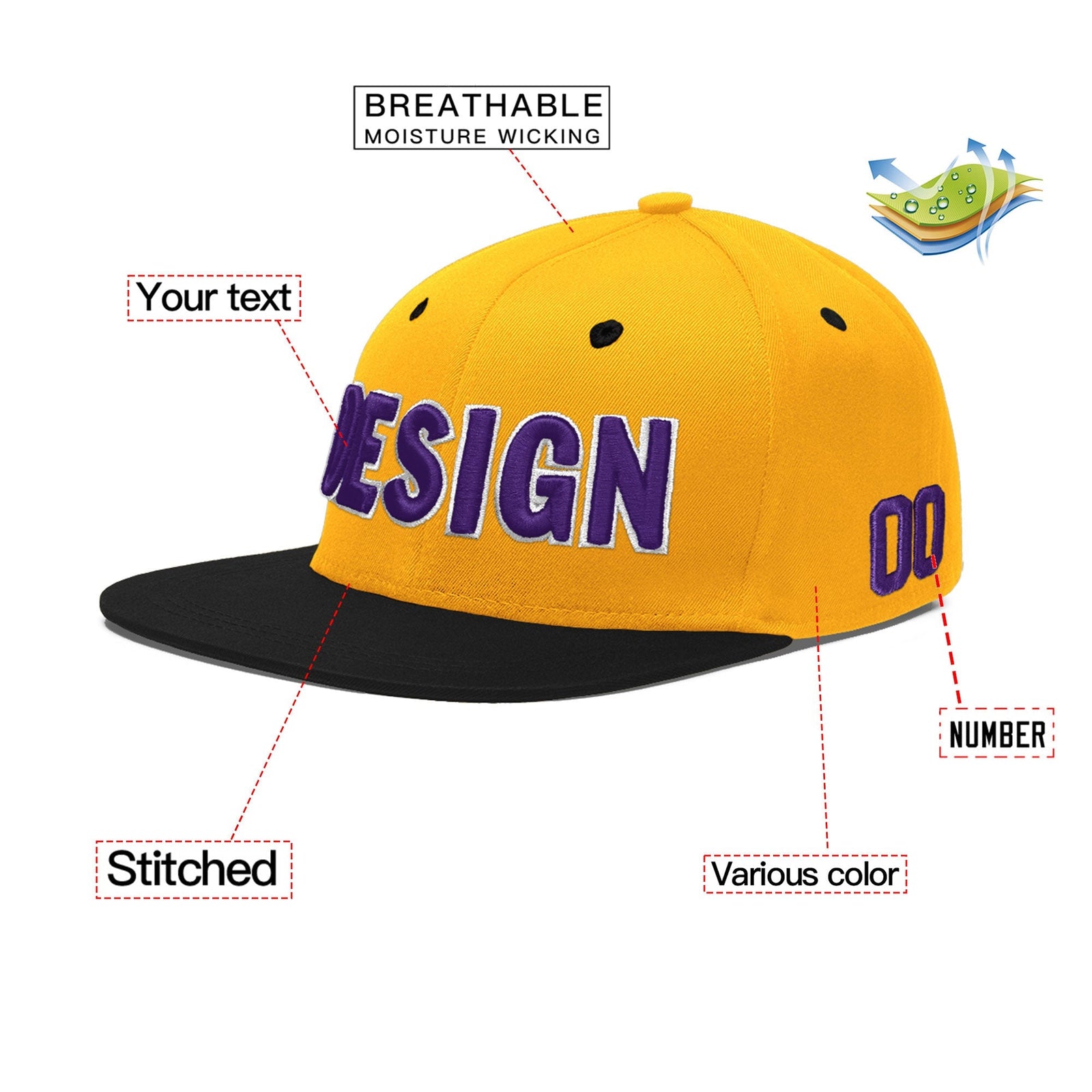 Custom Gold Black 3D Puff Embroidery Flat Embroidery Casual Sport Baseball Cap