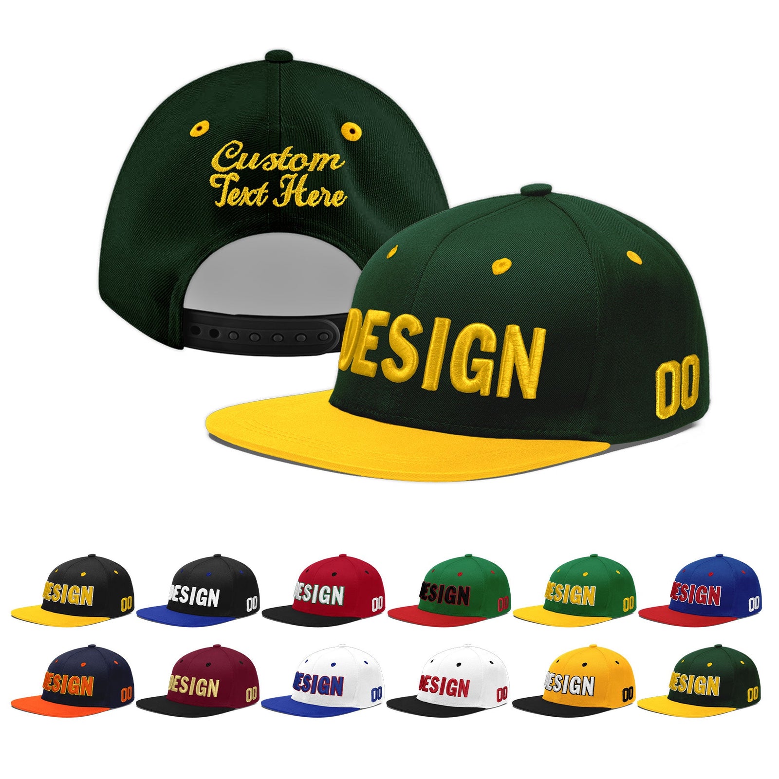 Custom Green Gold 3D Puff Embroidery Flat Embroidery Casual Sport Baseball Cap