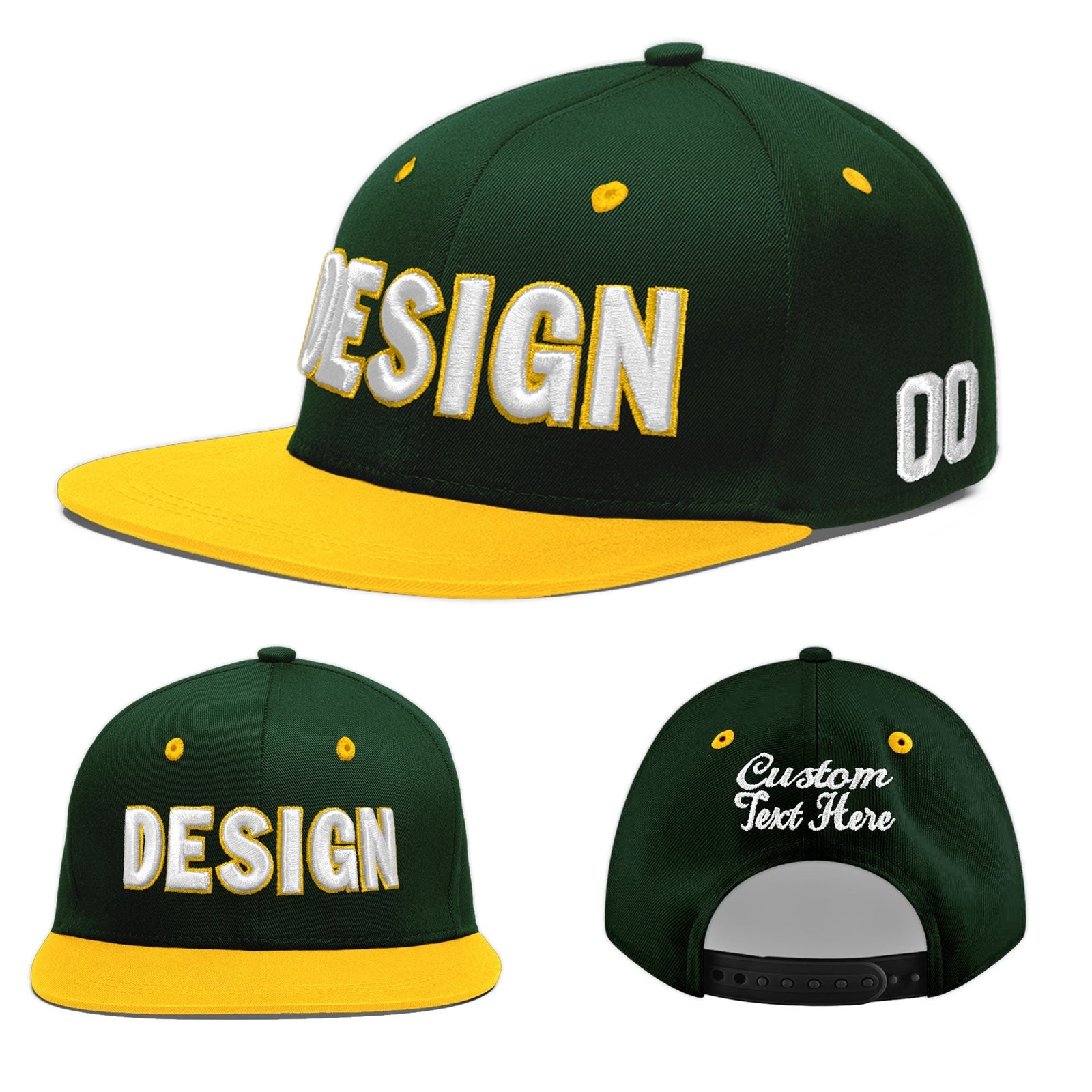 Custom Green Gold 3D Puff Embroidery Flat Embroidery Casual Sport Baseball Cap